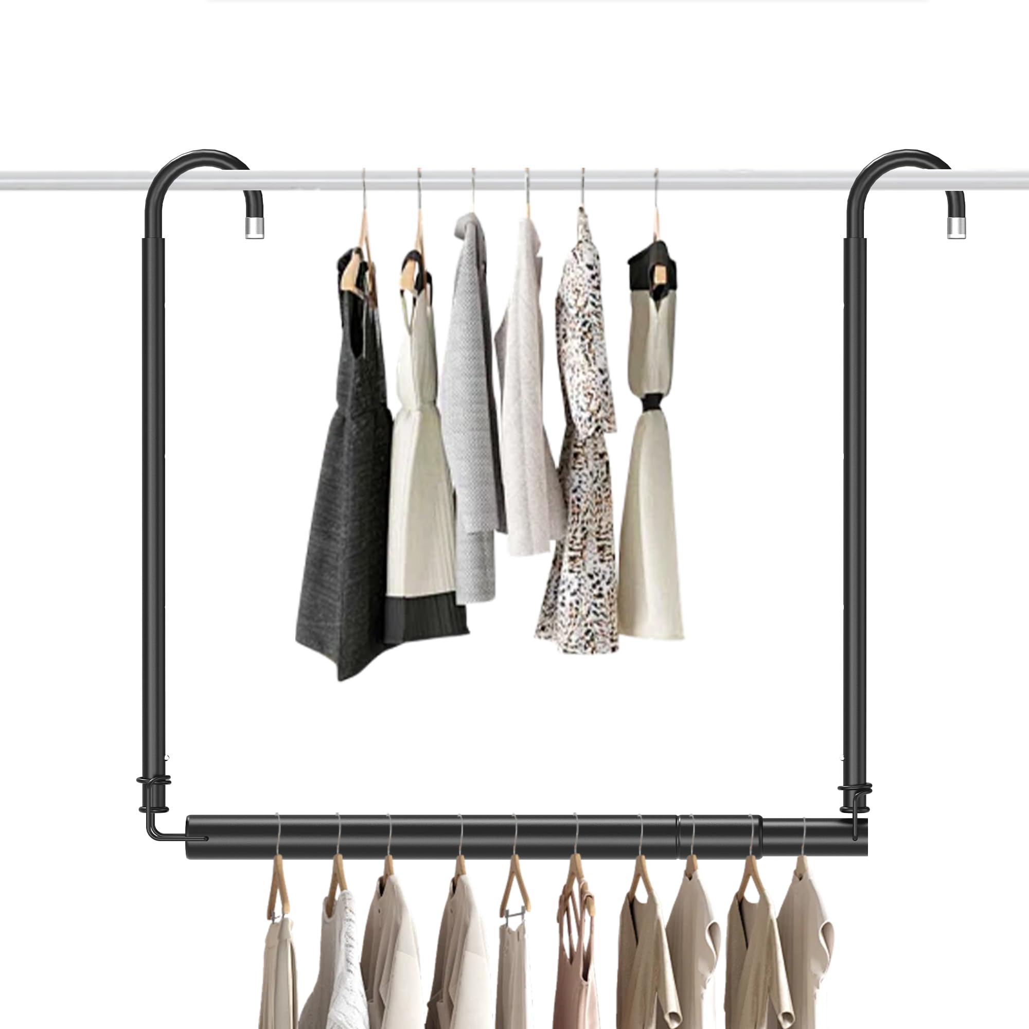 Tiemlet Adjustable & Extendable Wardrobe Rod, 40-72cm Width & 46.5-78cm Height Telescopic Hanging Rail, Space Saver Clothes Pole for Wardrobe (Black)