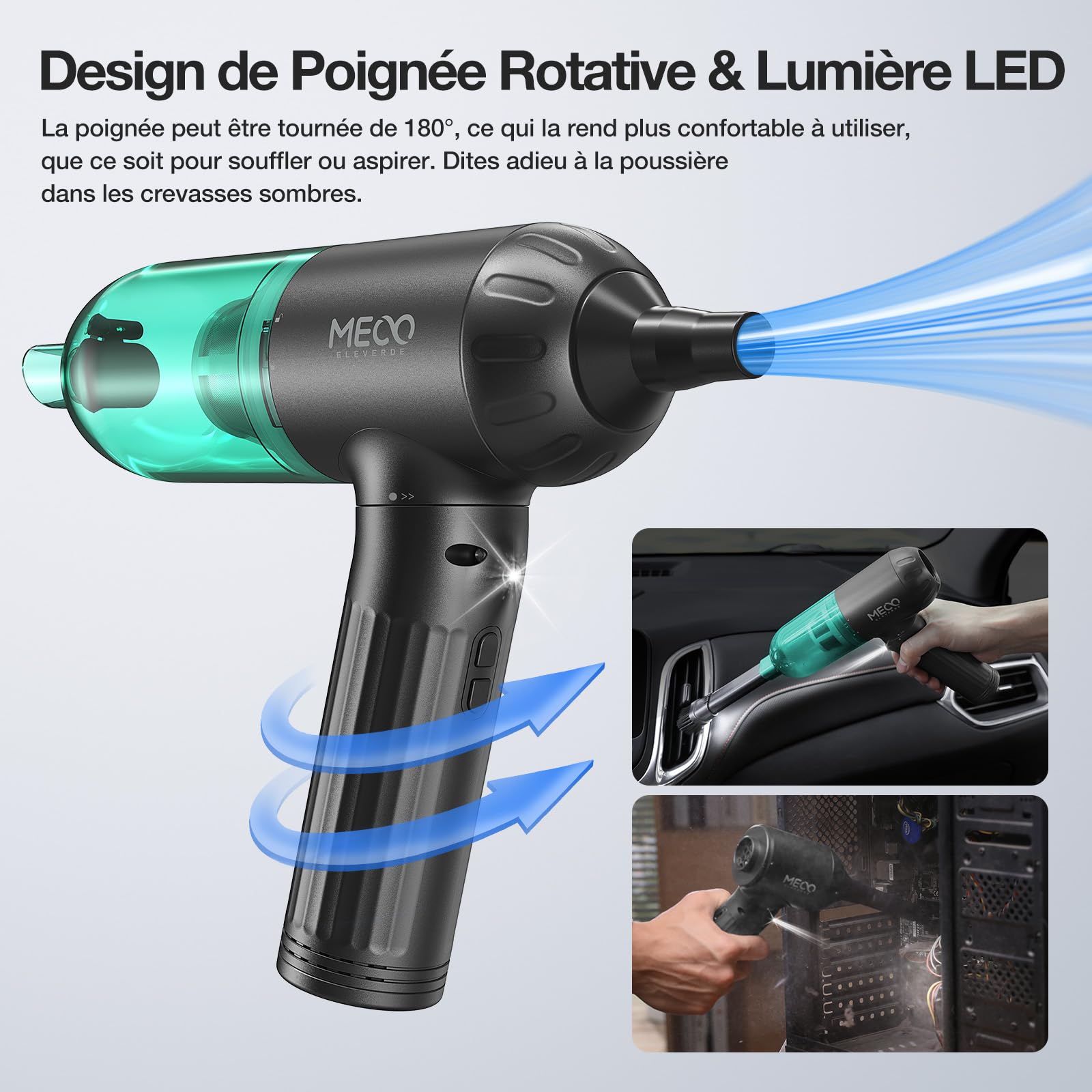 MECO ELEVERDE 4 en 1 Aspirateur Voiture Puissant sans Fil, 18KPA Mini Aspirateur à Main Souffleur Air Comprimé avec Moteur sans Balai et Lumières LED pour Voiture, Maison, PC Bureau (Vert)