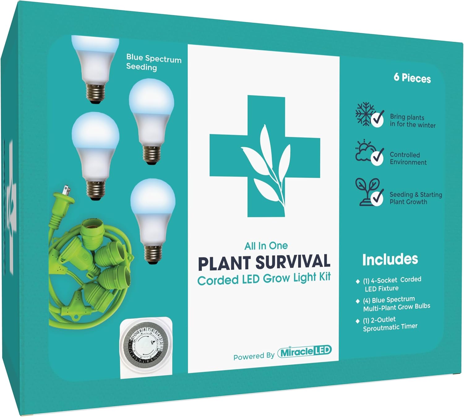 Miracle LED Plant Survival Indoor Grow Light Kit - 4 Multi-Plant Blue Spectrum 150W Replacement Grow Light Bulbs & 1 4-Socket Corded Fixture with SproutMatic Timer 1 Count (Pack of 1) Blue Spectrum