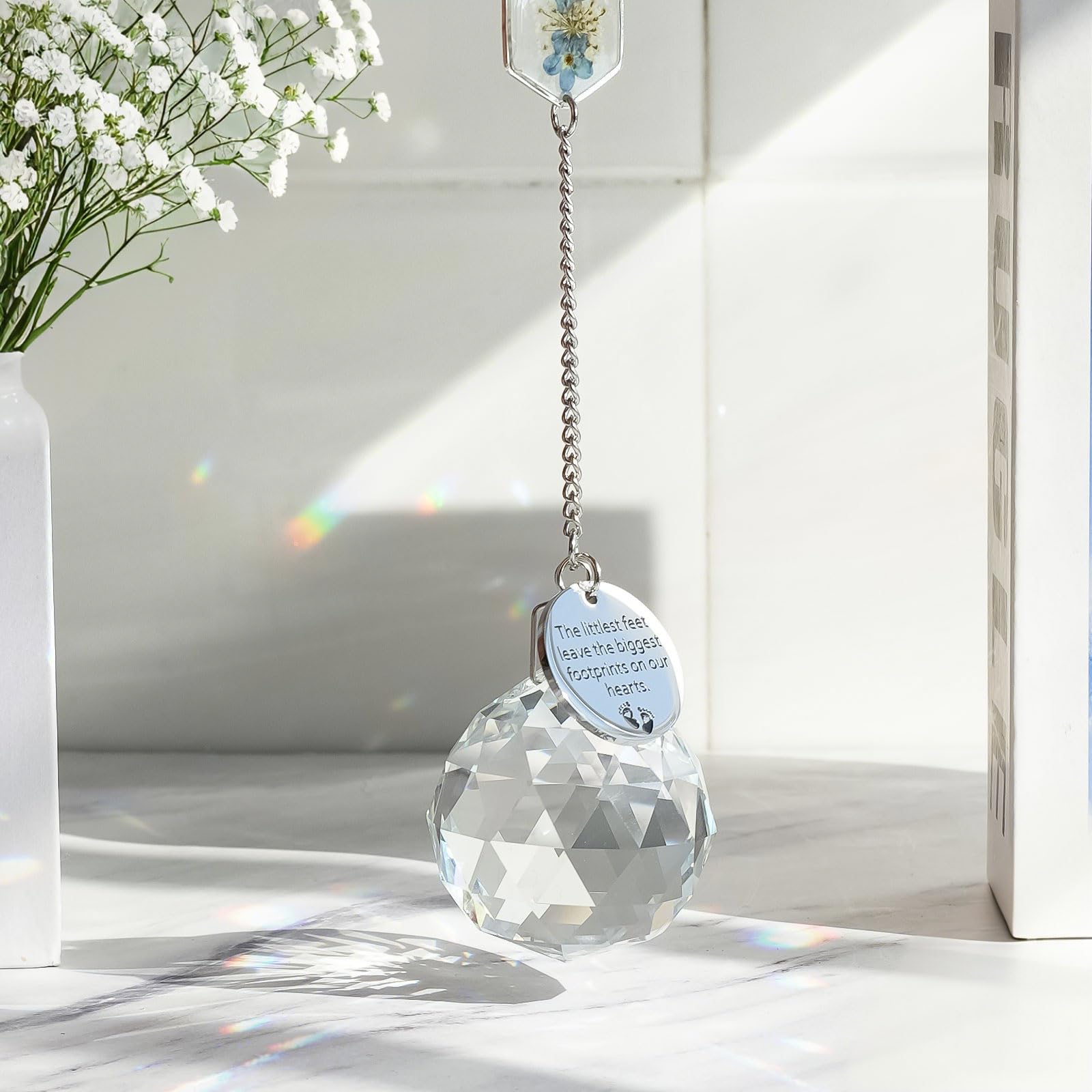 Miscarriage Memorial Suncatcher Gifts for Mothers Dad, Handmade Forget Me Not Baby's Breath Pressed Flower Miscarriage Ornament, Bereavement Remembrance Gift for Loss of Baby (Blue White)