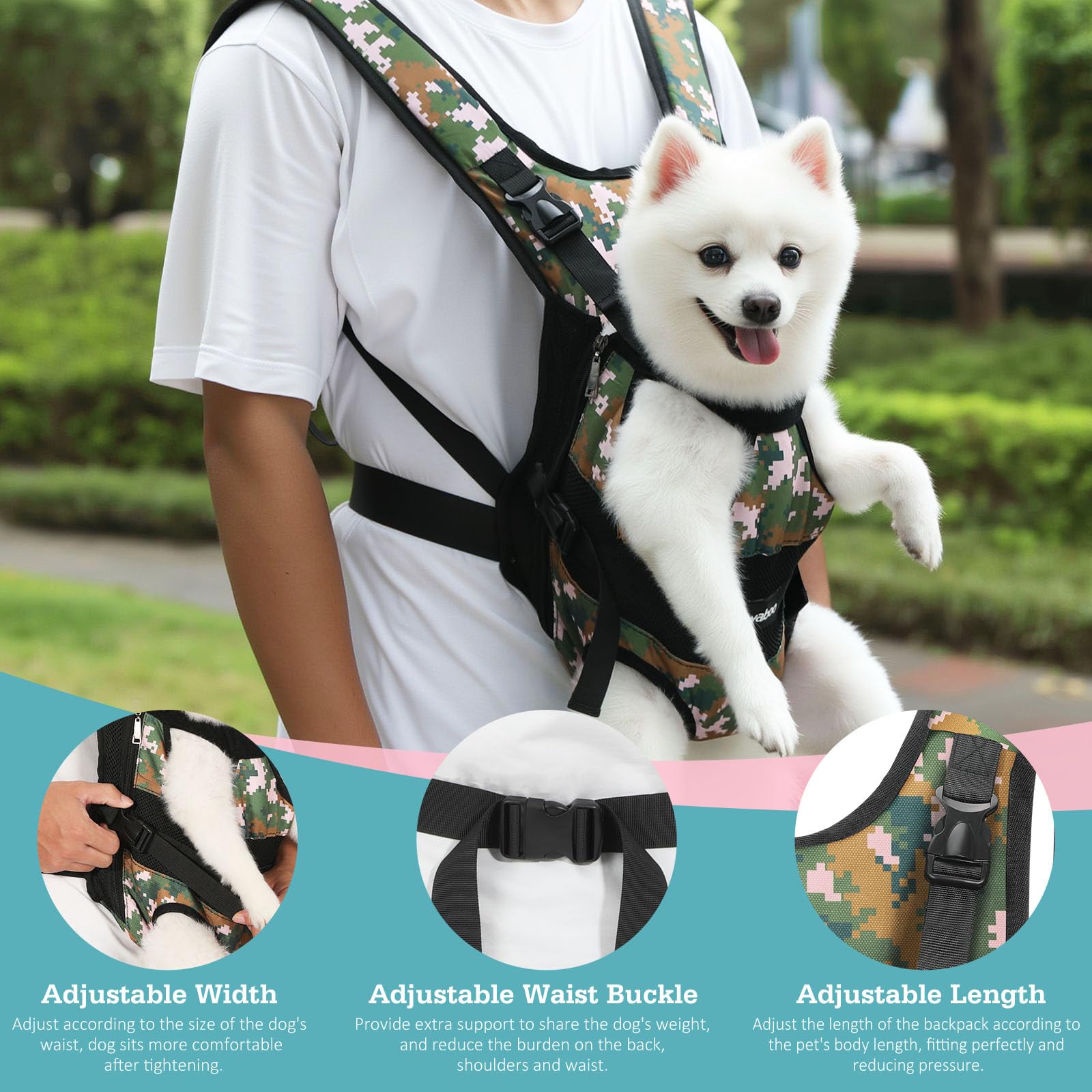 Pawaboo Zaino Frontale per Cani, Trasportino per Cani con Zampe Fuori, Pettorina Regolabile Facile da Indossare per Canis di Taglia Piccola e Media, Mani Libere per Viaggi, Escursioni, M, Camo