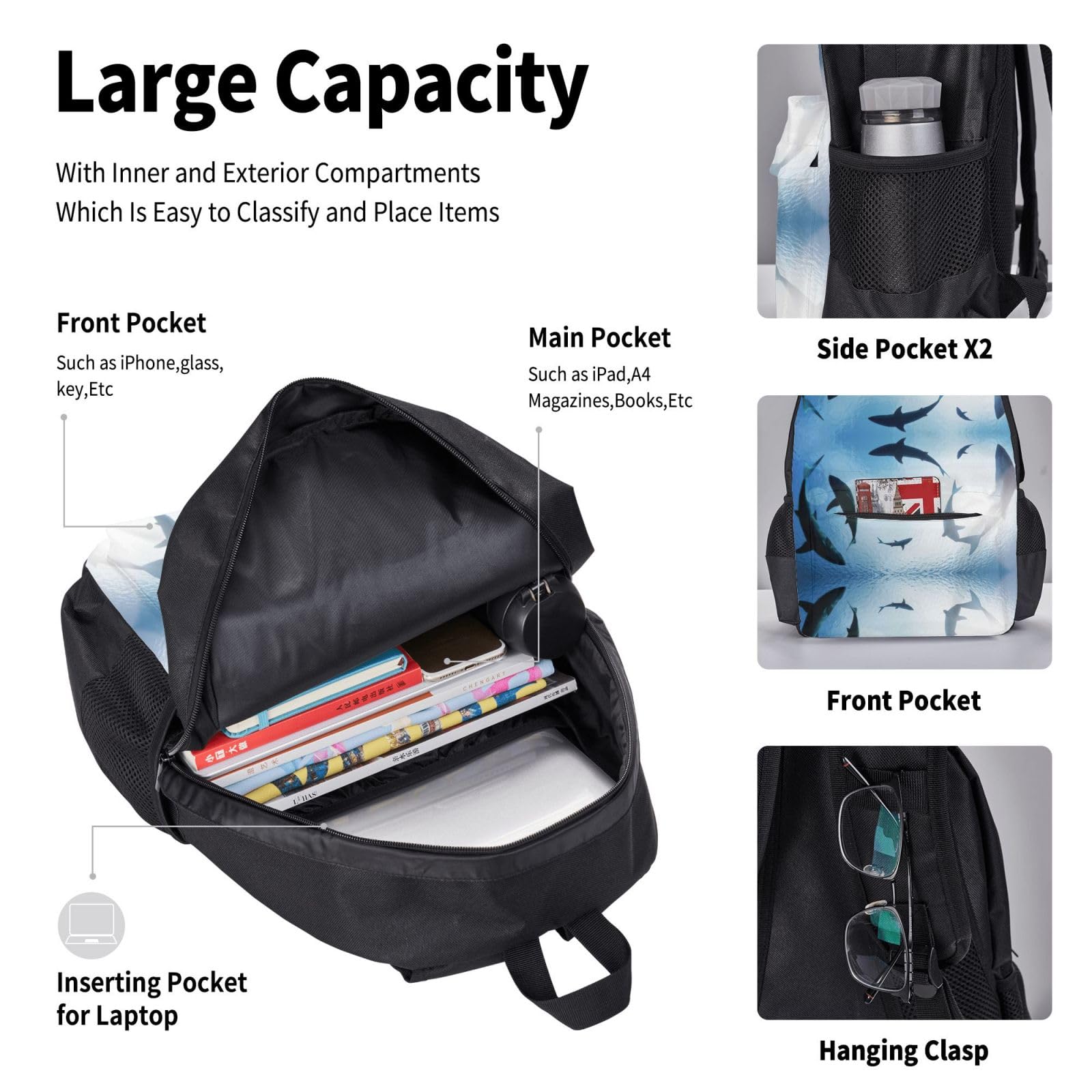 Juego de 3 mochilas escolares con estampado de tiburón y animales oceánicos, mochila para laptop resistente al agua de gran capacidad con bolsa de almuerzo aislada y estuche para lápices para