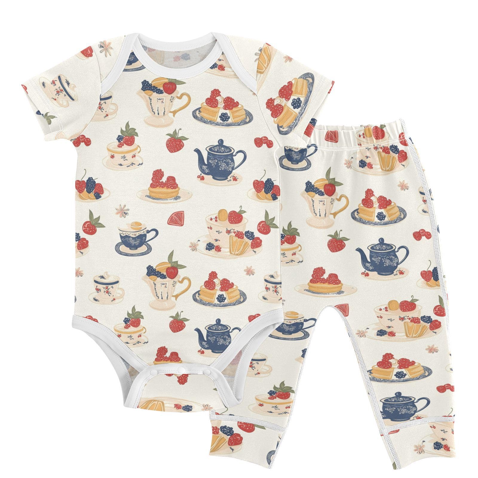 vvfelixl Baby Clothes Classic Afternoon Tea Baby Bodysuits Set Unisex Short Sleeve Babys Pants Sets 0-3M