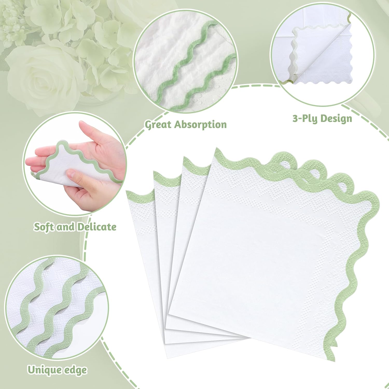 80 Pcs Sage Green and White Napkins, 3 Ply Scalloped Napkins 5 x 5 Inch image 4