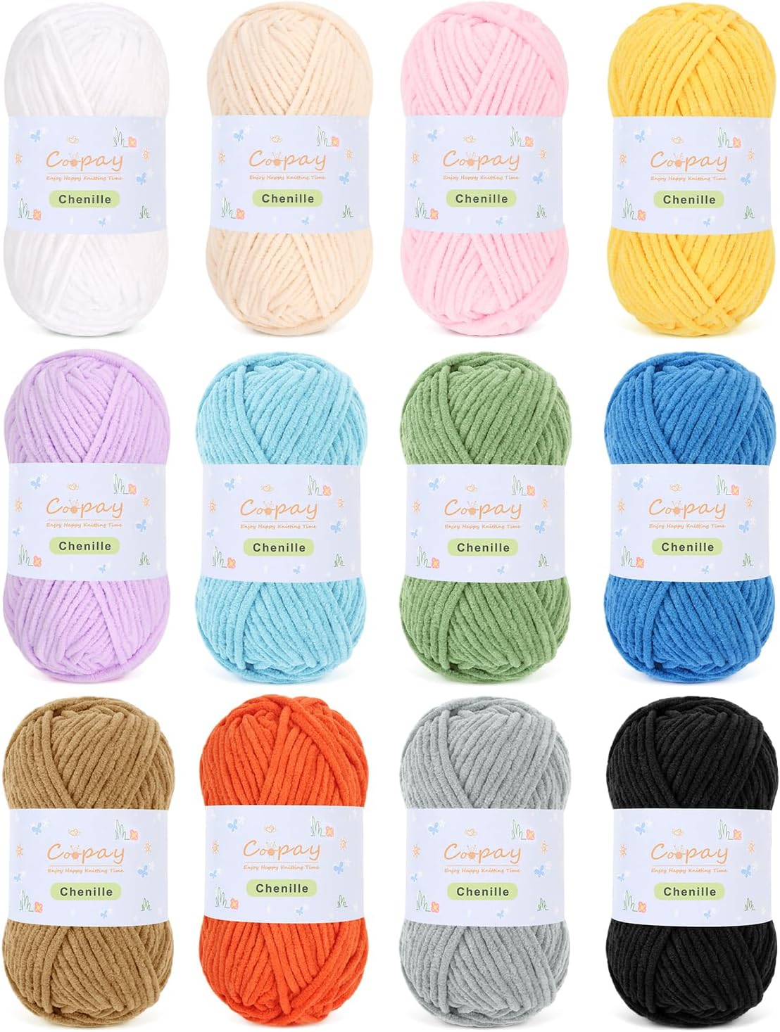 Coopay Chenille Yarn for Crocheting and Knitting, 12 Pack of 50g/1.76oz – Total 780yd, #4 Worsted Weight Velvet Yarn for Crochet – Suitable for Plush Toys, Baby Blankets, Scarves (Muticolor)