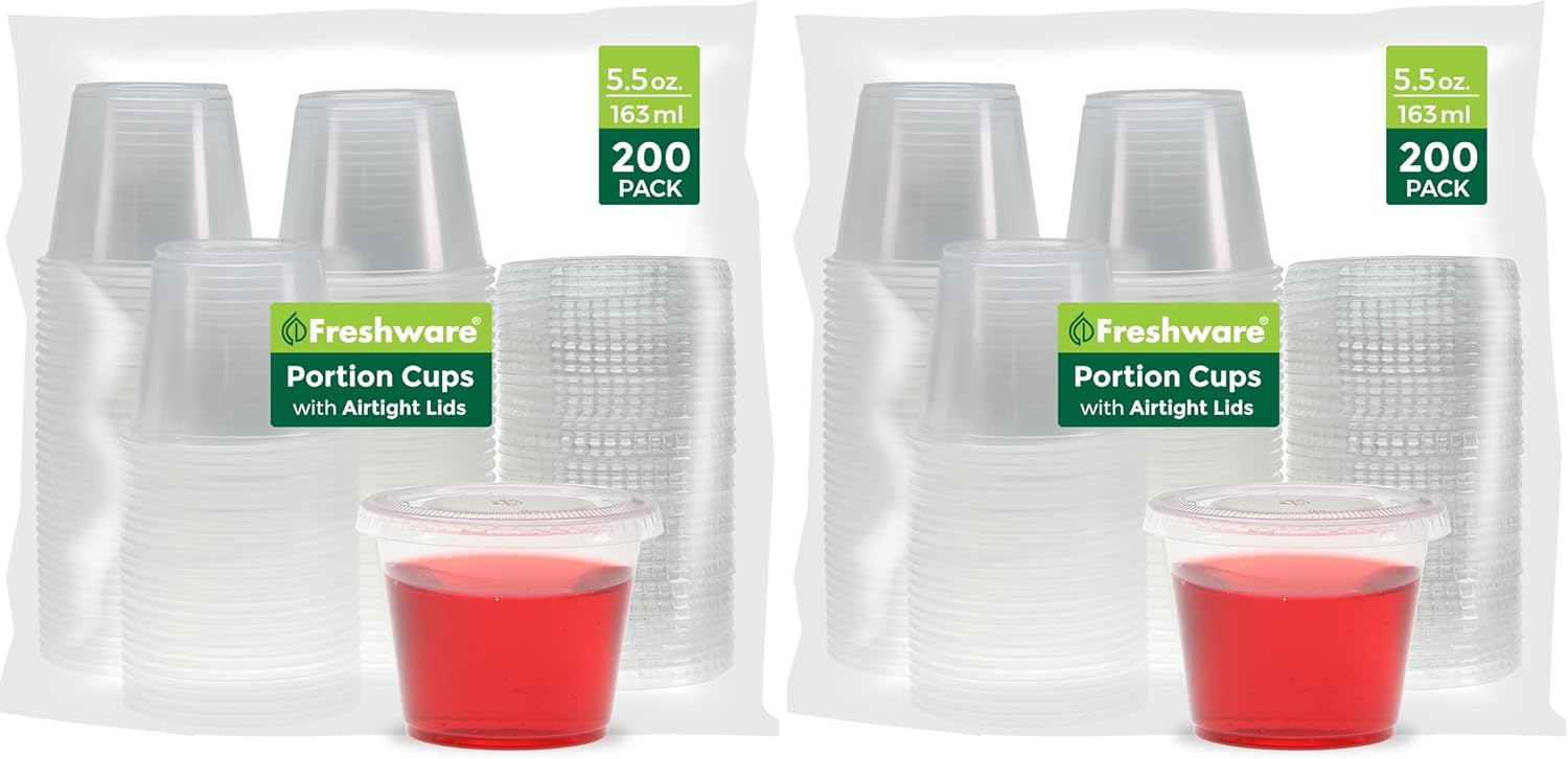 Freshware Plastic Portion Cups with Lids [5.5 Ounce, 200 Sets] Souffle Cups, Jello Shot Cups, Condiment Sauce Containers For Sampling, Sauce, Snack or Dressing (Pack of 2)