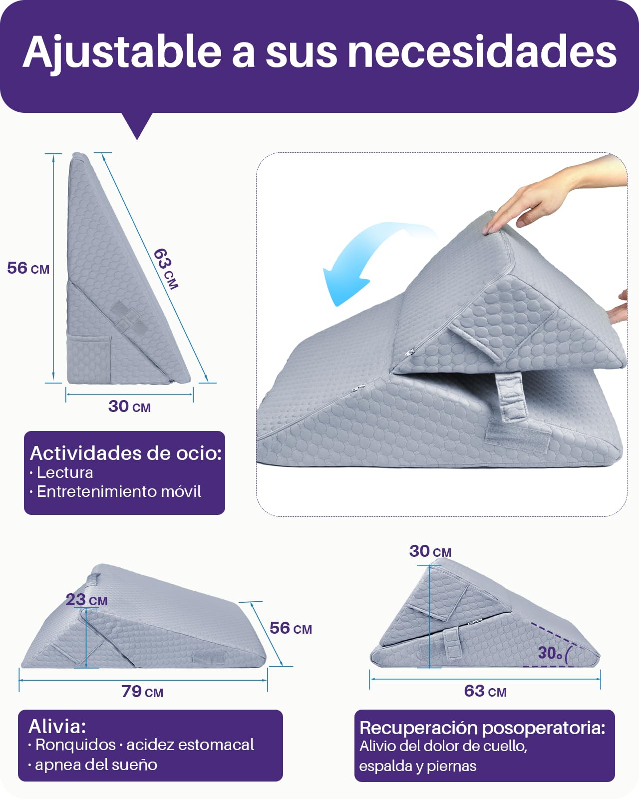 Kekoy Cuña Antireflujo Adulto Ajustable | Ideal para Apnea del Sueño, Reflujo Ácido, Ronquidos y Recuperación Postoperatoria | Almohada Cuña en Espuma de Memoria, Funda Lavable y Asidero - Gris