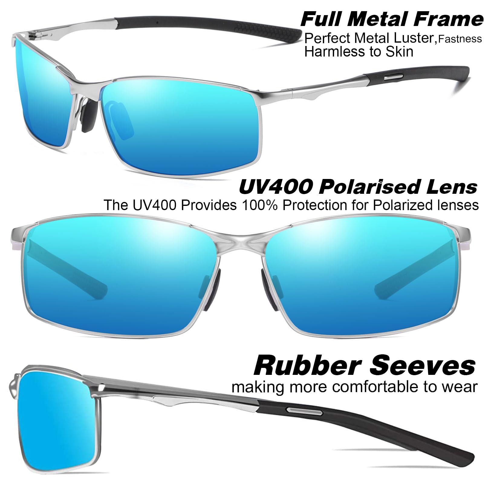 Occhiali da Sole da Uomo Donna Polarizzati Metallo Telaio Rettangolari Ultra Leggeri antiriflesso Protezione UV Moda Occhiali da Sole Cat 3 CE