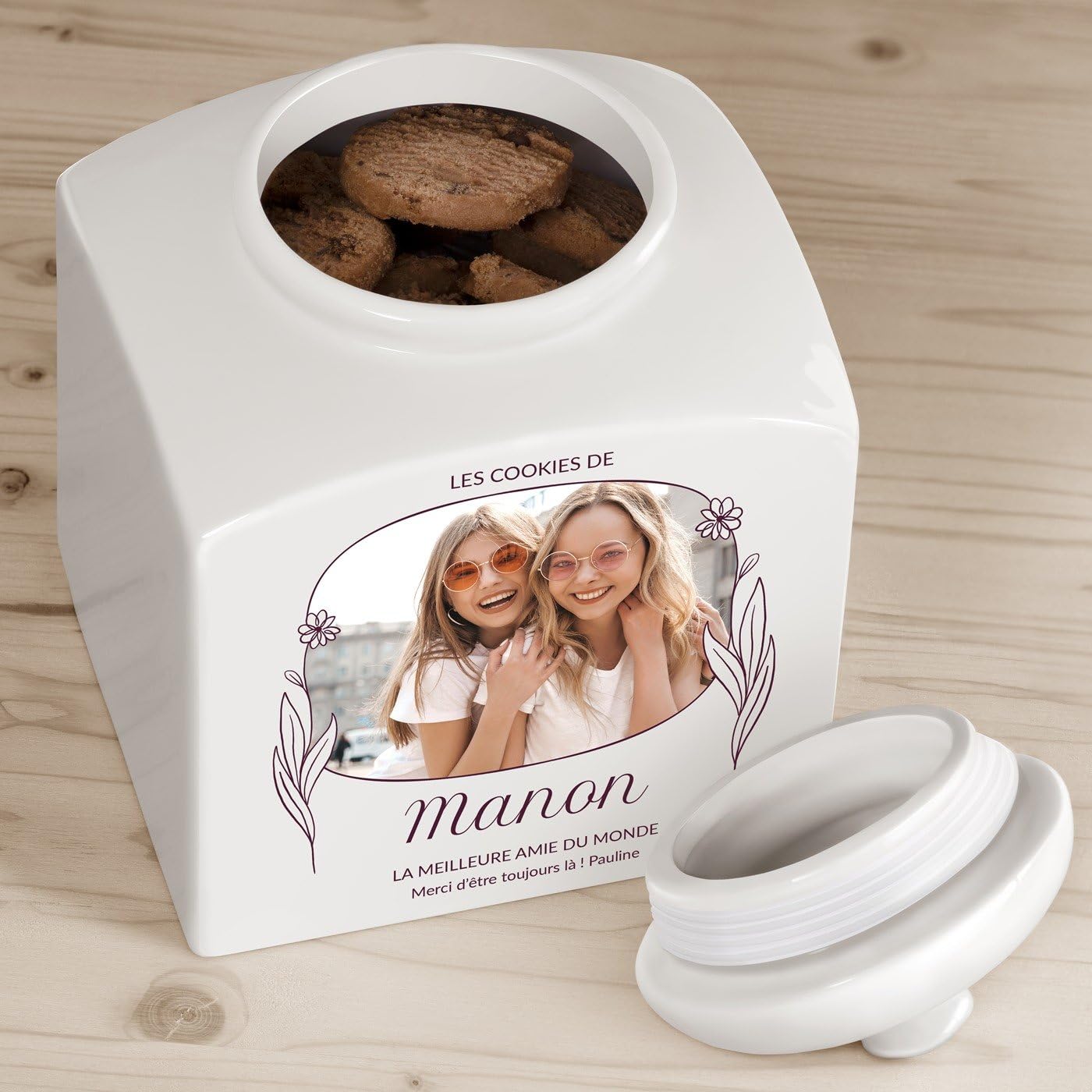Maverton Pot à biscuits avec impression pour femme - Bocal à Bonbons personnalisé pour elle - Pot de stockage en céramique avec couvercle - pour anniversaire - pour maman - photo avec meilleure amie