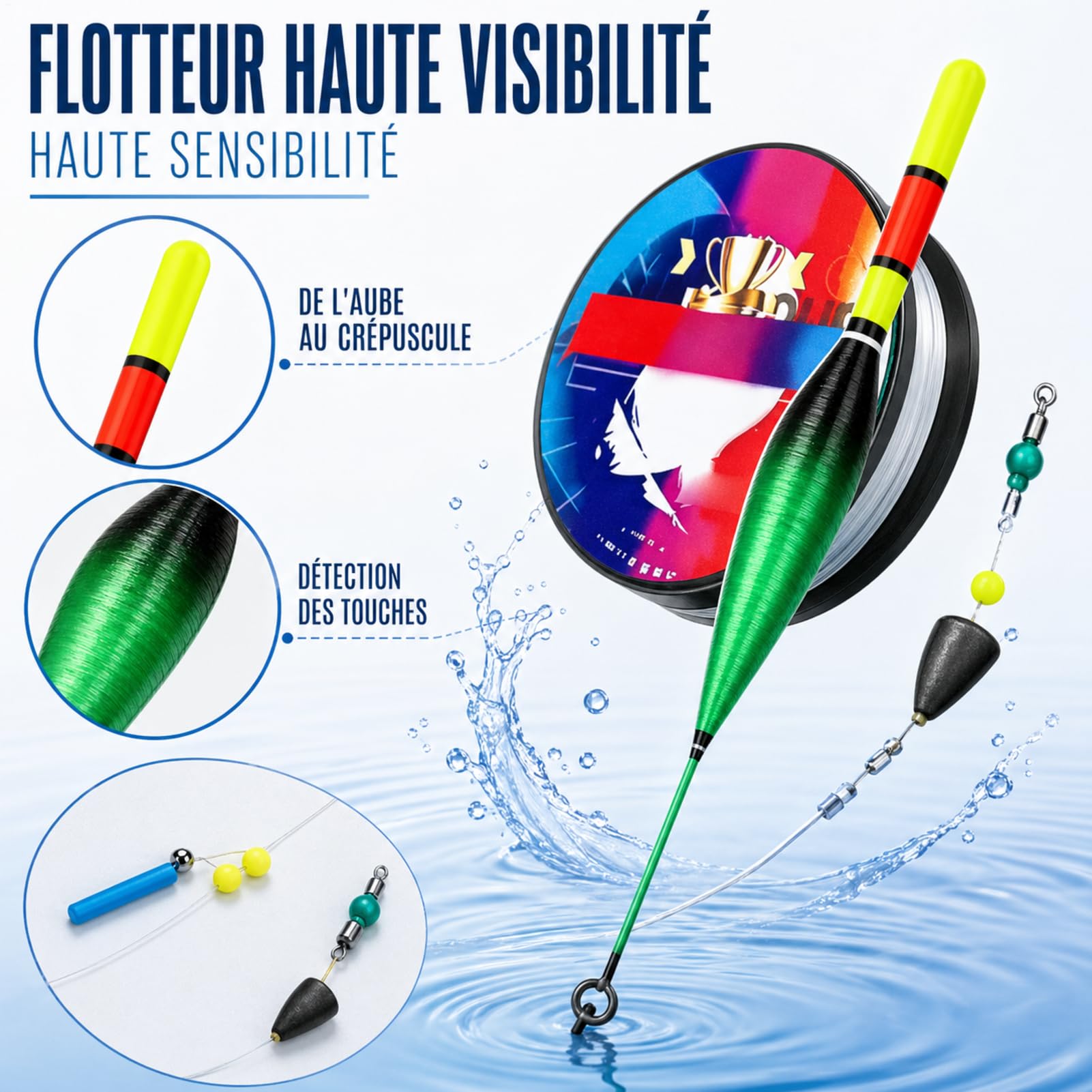 Ensemble De Ligne De Pêche Automatique 100m Pré-Noué avec Flotteur À Changement De Couleur Haute Sensibilité