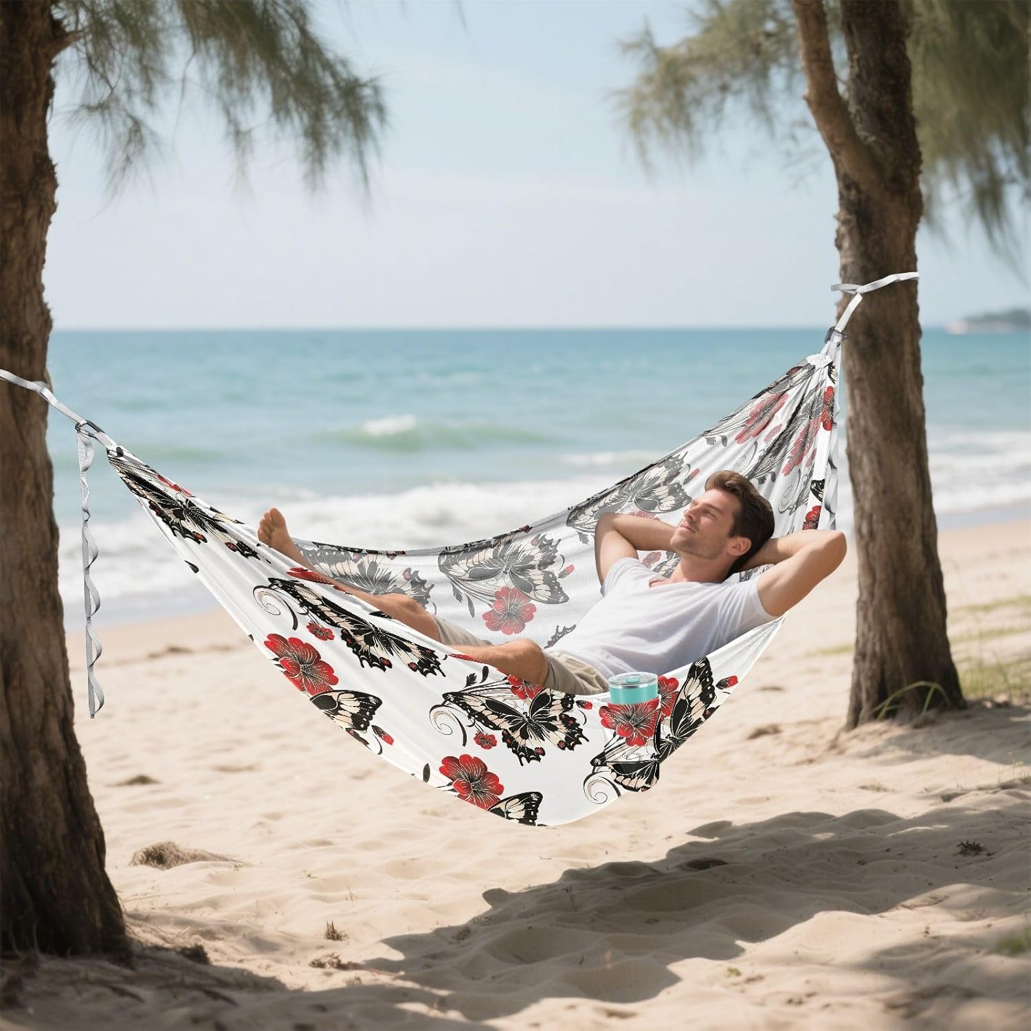 ALAZA Butterfly Red Flower Floral Camping Hammocks Single or 2 Person 500 lbs Portable Parachute Travel Hammock w/Tree Straps for Hiking Backpacking Indoor Outdoor