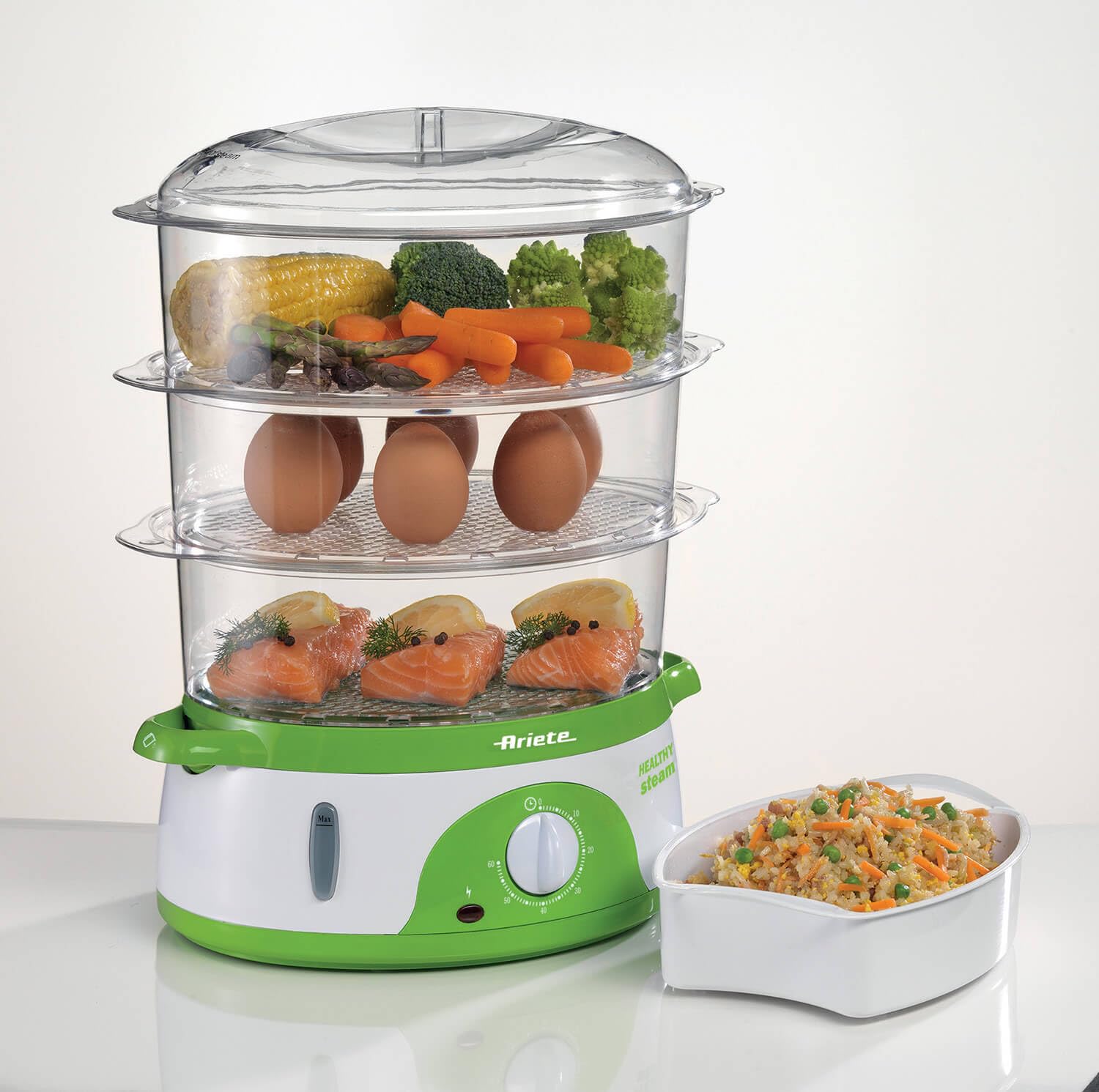 Ariete 911 Healthy Steam Elektrischer Dampfgarer 60 Min Timer 3 Körbe 9 Liter Weiß/Grün