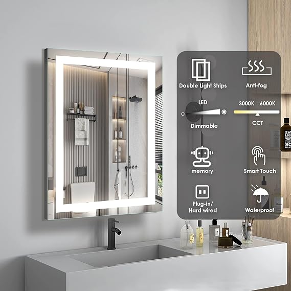 1624 inches LED Bathroom Mirror, Bathroom Vanity Mirror with Lights for Wall, Wall Mounted Vanity for Bathroom Makeup, Stepless Dimmable&Colors, Anti-Fog, Memory Function, Waterproof