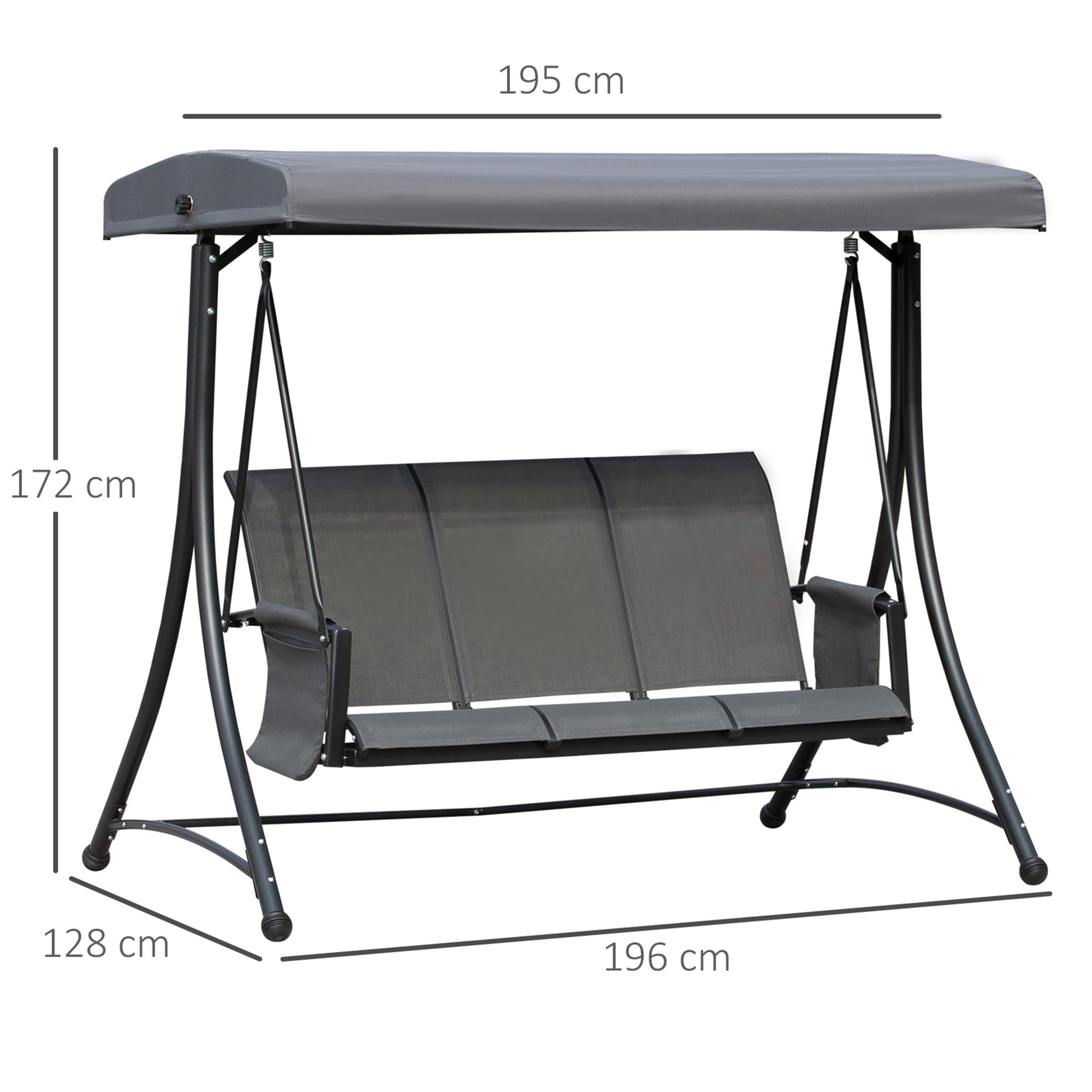 Outsunny Hollywoodschaukel mit Seitentasche, 3-Sitzer Gartenschaukel mit verstellbarem Sonnendach, Schaukelbank belast bis 300kg, für Garten, Terrasse, 196 x 128 x 172 cm, Dunkelgrau