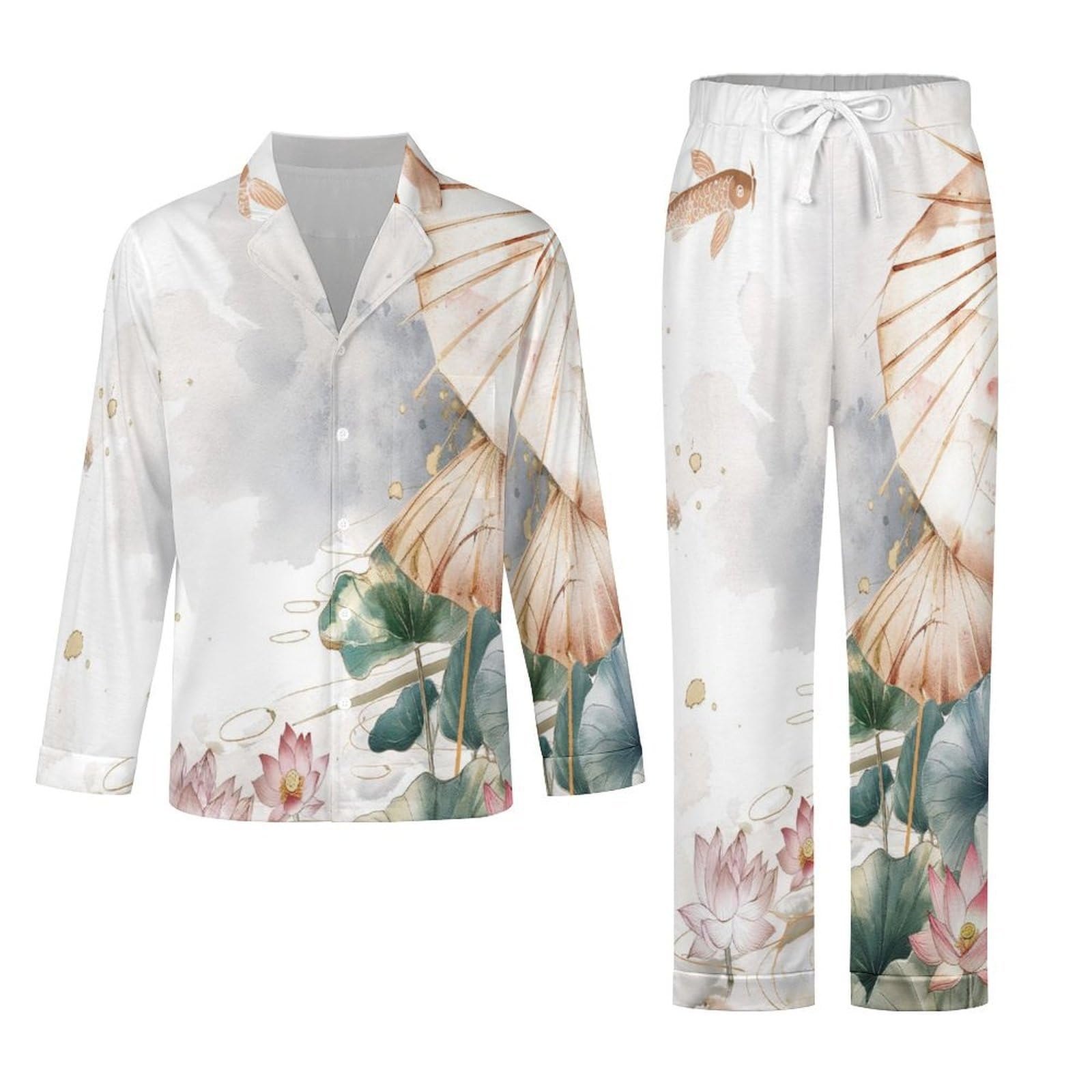 OLEETS Completo Pigiama da Uomo 2 Pezzi - Fiori E Foglie di Loto Rosa Top E Pantaloni in 2 Pezzi Pigiama Casual E Ampio A Maniche Lunghe Morbido Autunnale E Invernale.