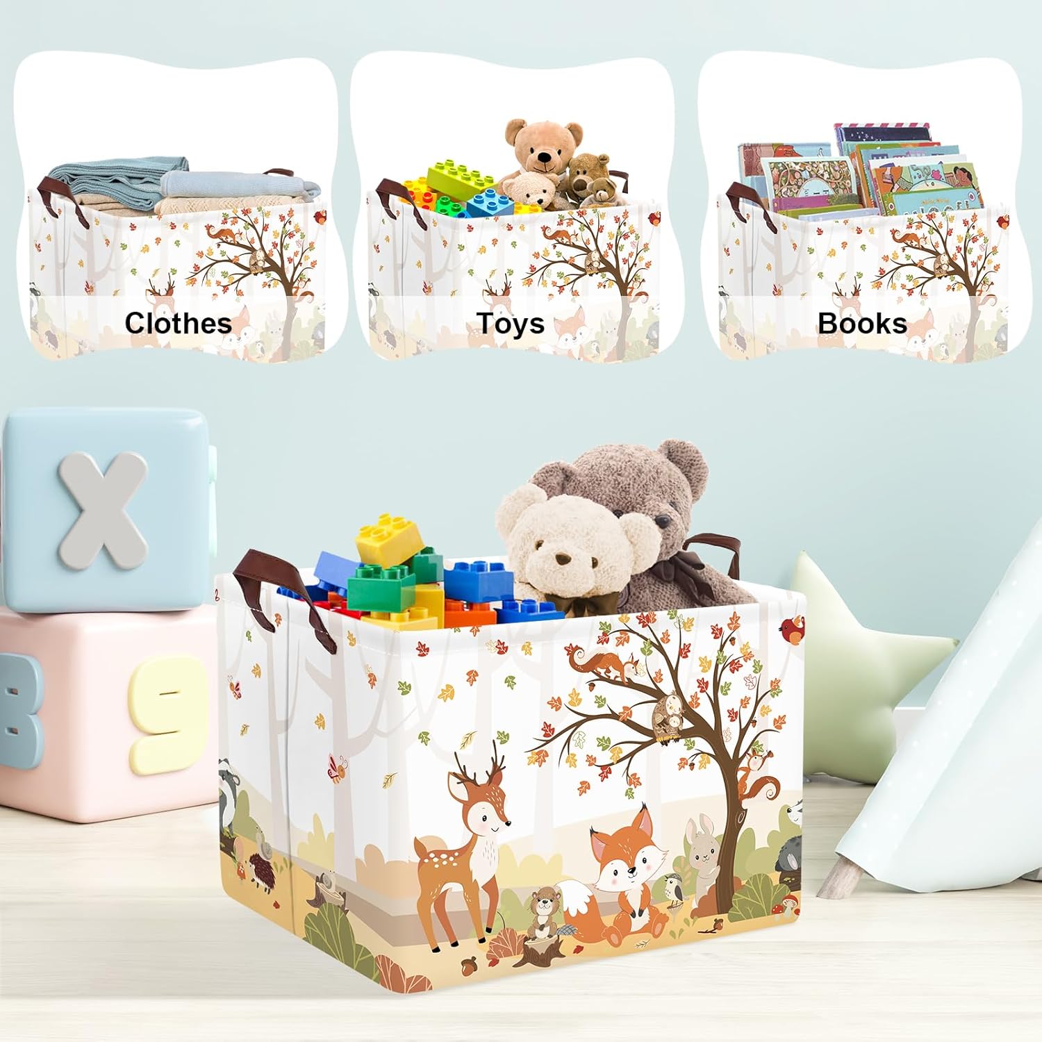 Clastyle Autumn Forest Animals Baby Laundry Hamper Maple Tree Kid Storage Basket Boys Girls Gift Toy Box Collapsible Clothes Organizer Nursery Bin for Bedroom,Fox Squirrel,40 * 30 * 30 cm