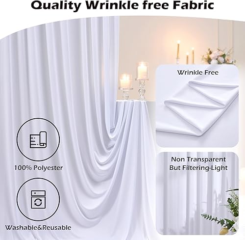 Miniatura 4 de Cortinas de fondo blancas sin arrugas de 40 x 10 pies para fiestas, 8 paneles de 5 x 10 pies, cortinas de boda de poliéster suave y sedoso para