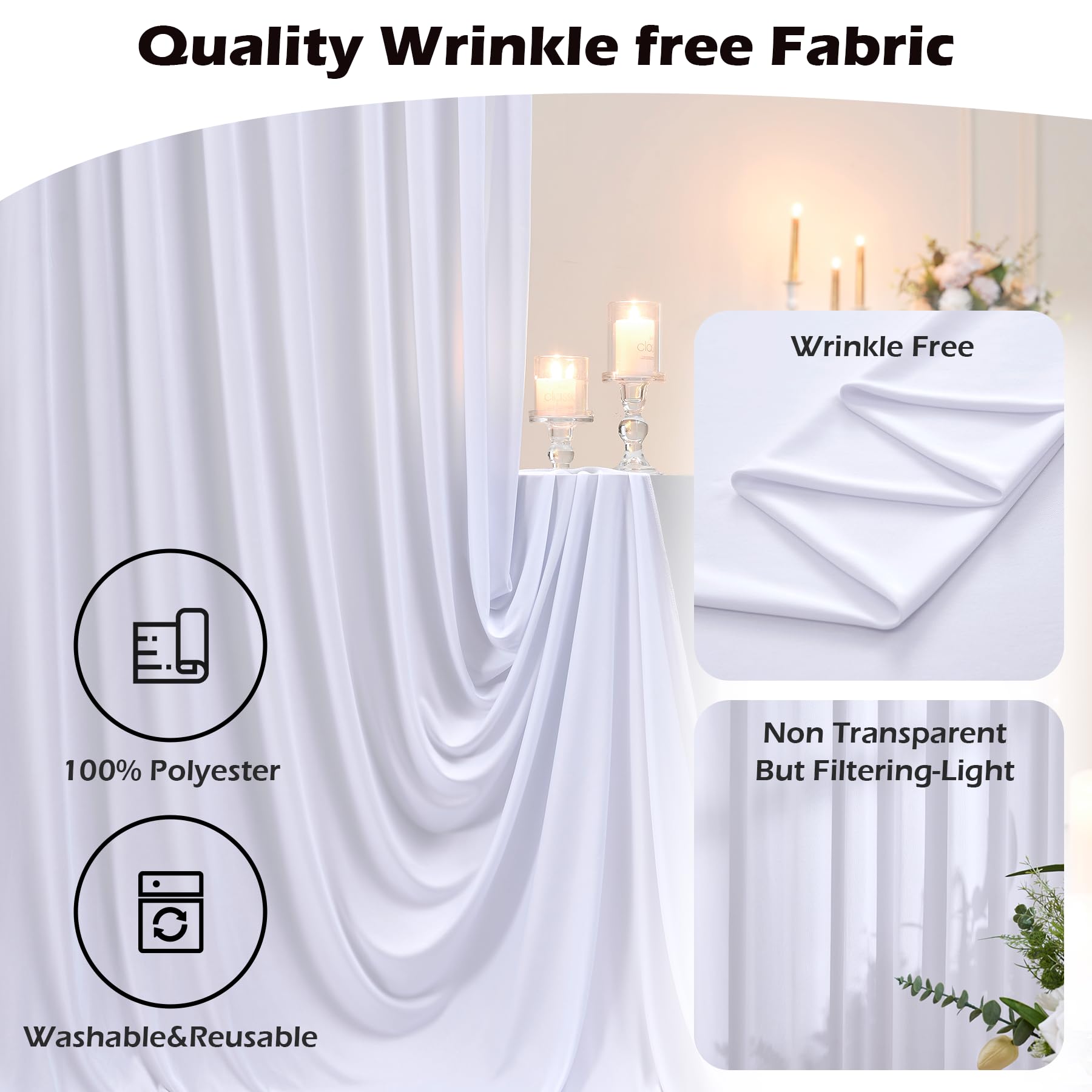 9 m x 2,4 m - Rideaux de Fond Blanc sans Plis pour fêtes de Mariage, 6 Panneaux de 1,5 x 3 m - Polyester Soyeux Doux - Blanc - Arrière-Plan Photo - Tissu arrière - pour Anniversaire, Noël