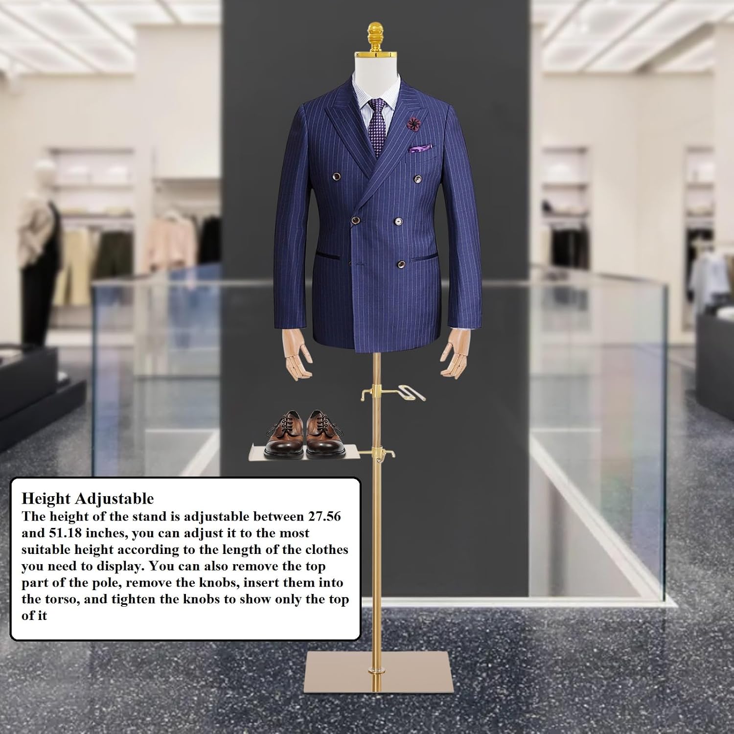 CNCEST Male Mannequin Torso Body,Men Maniquine Dress Form with Wood Arm,27.56"-51.18" Height Adjustable Manikin with Detachable Shoe Holder Pants Rack for Clothing Suit Display (Gold, Large)