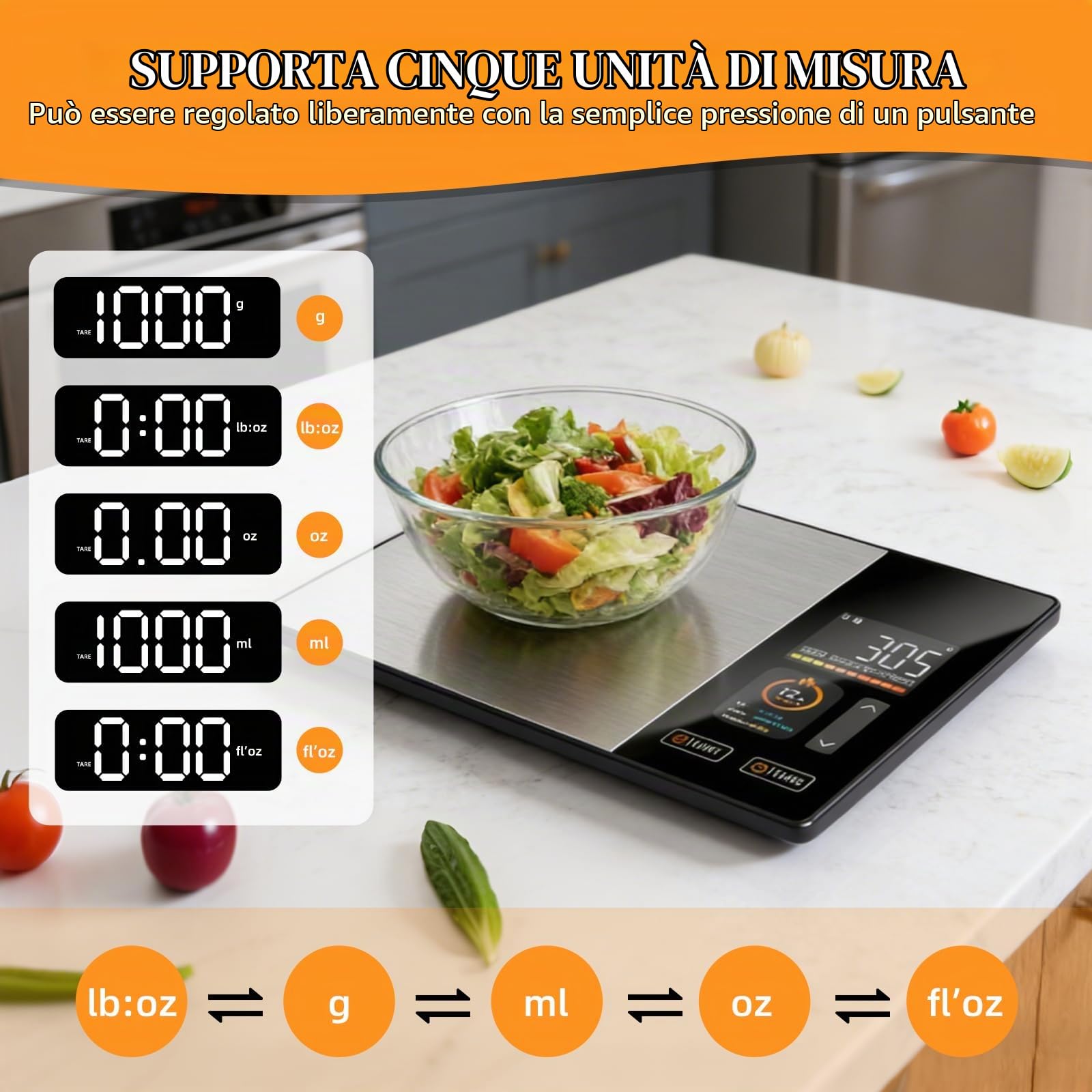 Bilancia da cucina intelligente con calcolo dei valori nutrizionali, bilancia da cucina smart con 24 analisi dei valori nutrizionali, bilancia da cucina con app gratuita e supporto Bluetooth, supporta