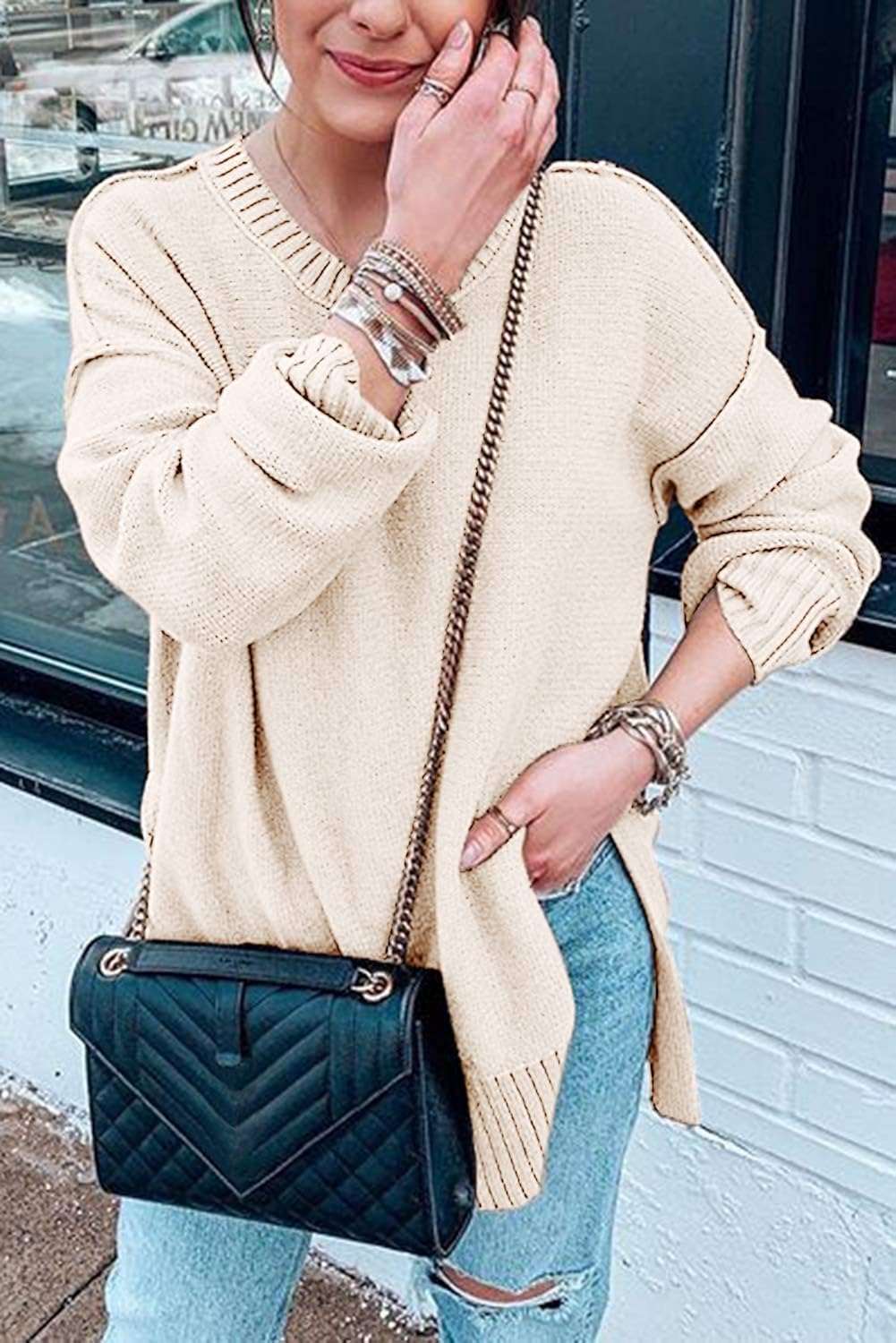 MEROKEETY Women's Casual Crew Neck Side Split Pullover Sweater Loose Long Sleeve Jumper Top at  Women’s Clothing store