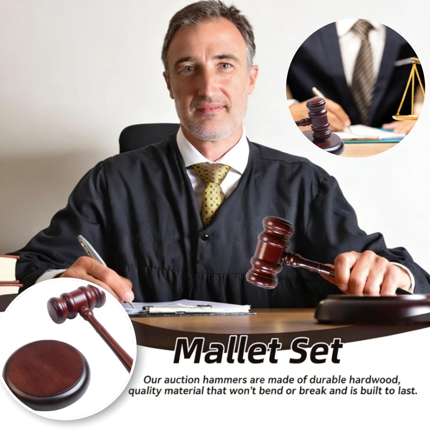 RichterHammer Martillo de Subastas de Madera Juego de Martillo de Subastas de Madera y Bloque de Resonancia Mazo de Madera y Bloque de Sonido para Subasta Venta Abogados Casa de Subastas