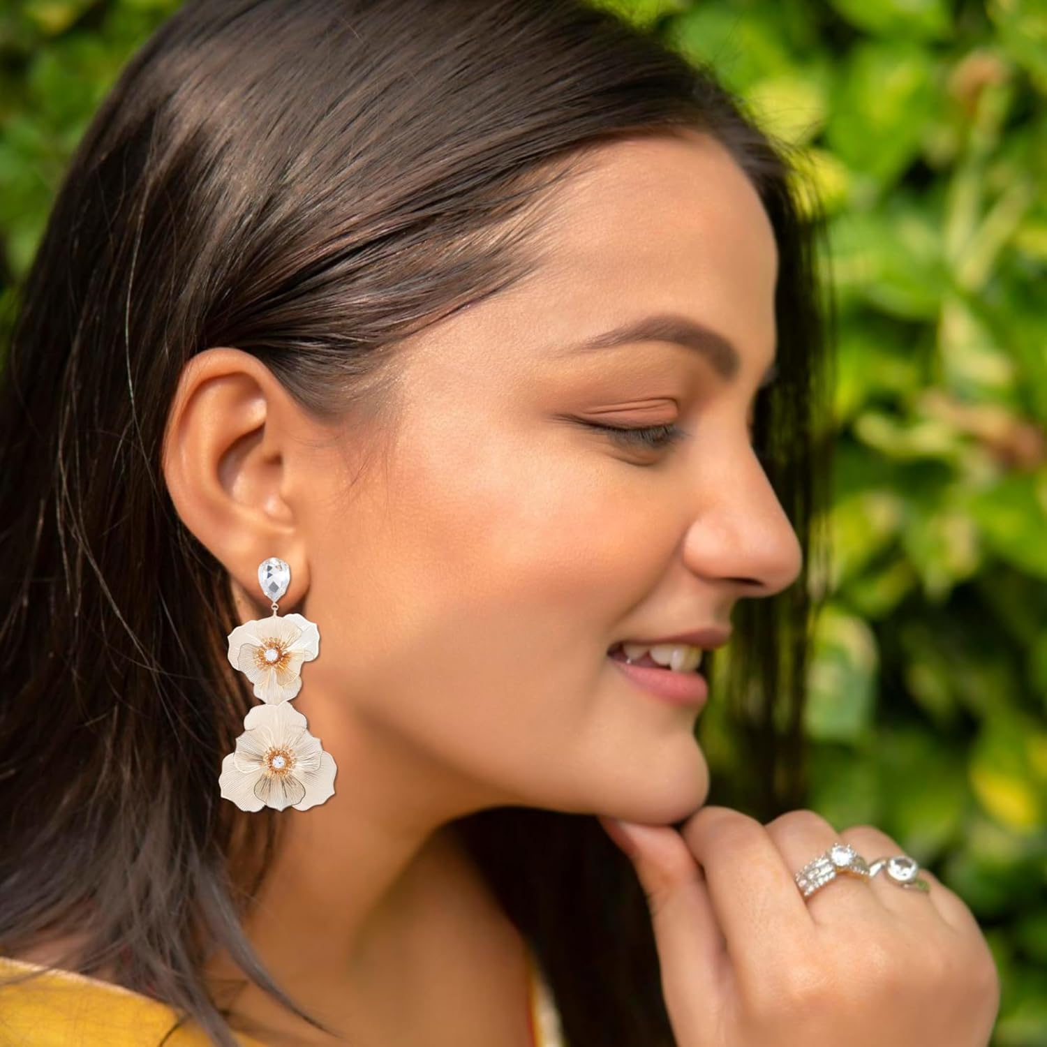 Jewel Flower Teardrop Earrings, Metal, Clear Crystal, Gold Silver Two-Tone, Formal Evening Wear, Dangle Drop Style