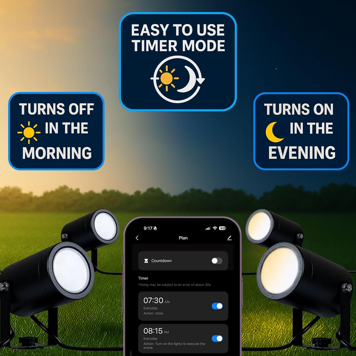 Novelty Lights Smart RGB+WW Landscape Spot Lights – 4 Pack Color Changing Outdoor Lights with Remote & App Control, 16 Million Colors, 2200K–6500K White Spectrum, Dimmable LED Garden & Yard Uplighting