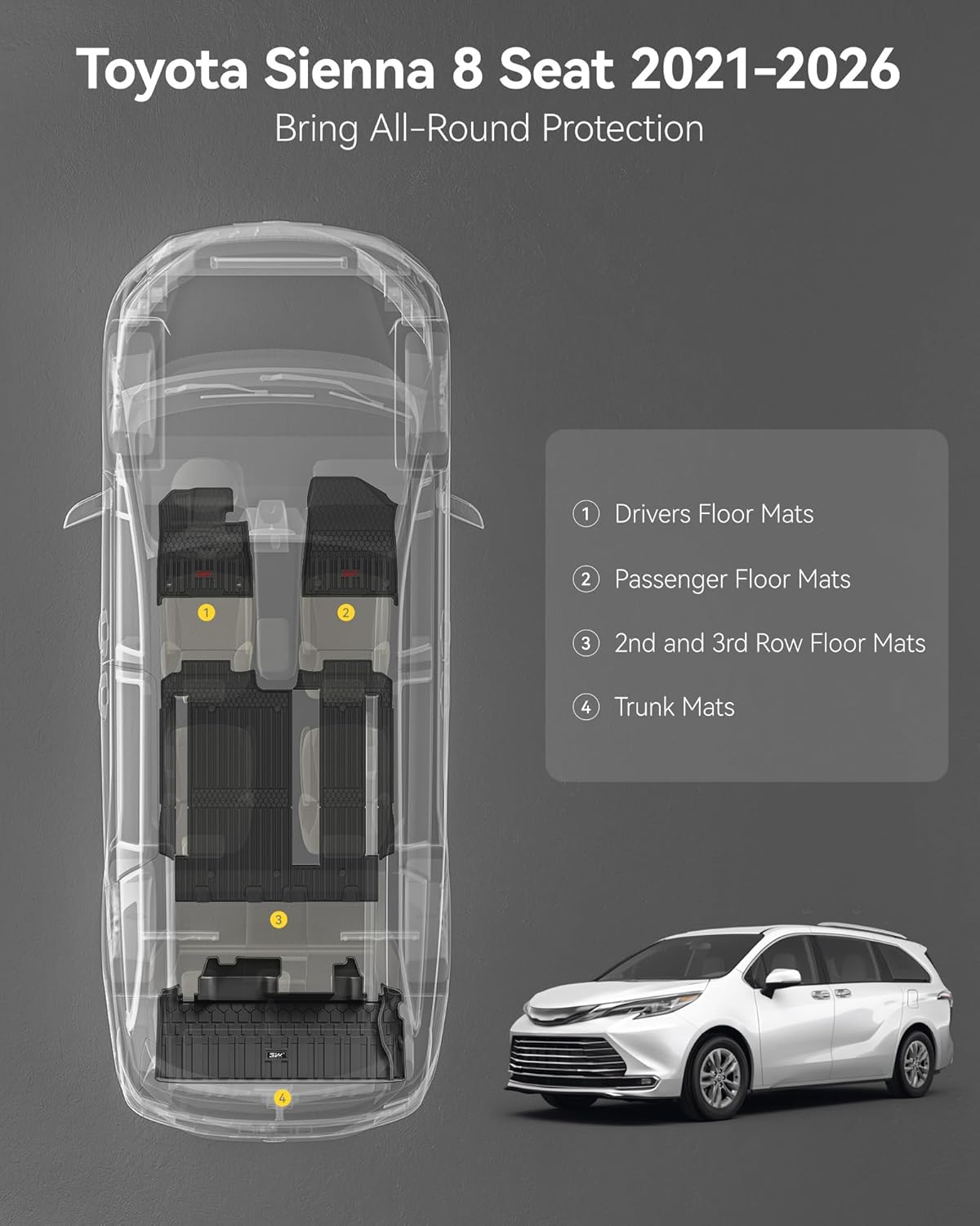 3W Floor Mats&Trunk Mat Fit Toyota Sienna 2021-2026 LE/XLE(Only for 8 Seat), TPE All Weather Custom Fit Floor Liner for Sienna 1st, 2nd and 3rd Row &Cargo Liner, Black with Red Accent - Image 2