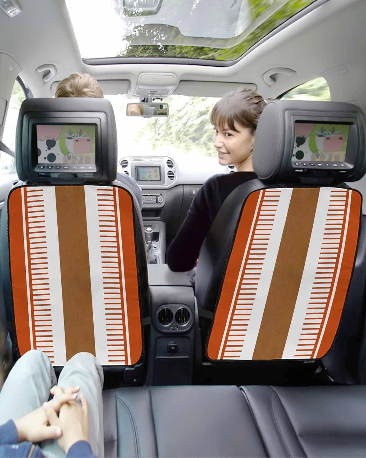 Car Seat Protector, 2 Pack Kick Mats Back Seat Protector Boho Orange and Brown Striped Geometric Retro Farmhouse Waterproof Backseat Cover for Kids Universal Fit Automotive Interior Protectors