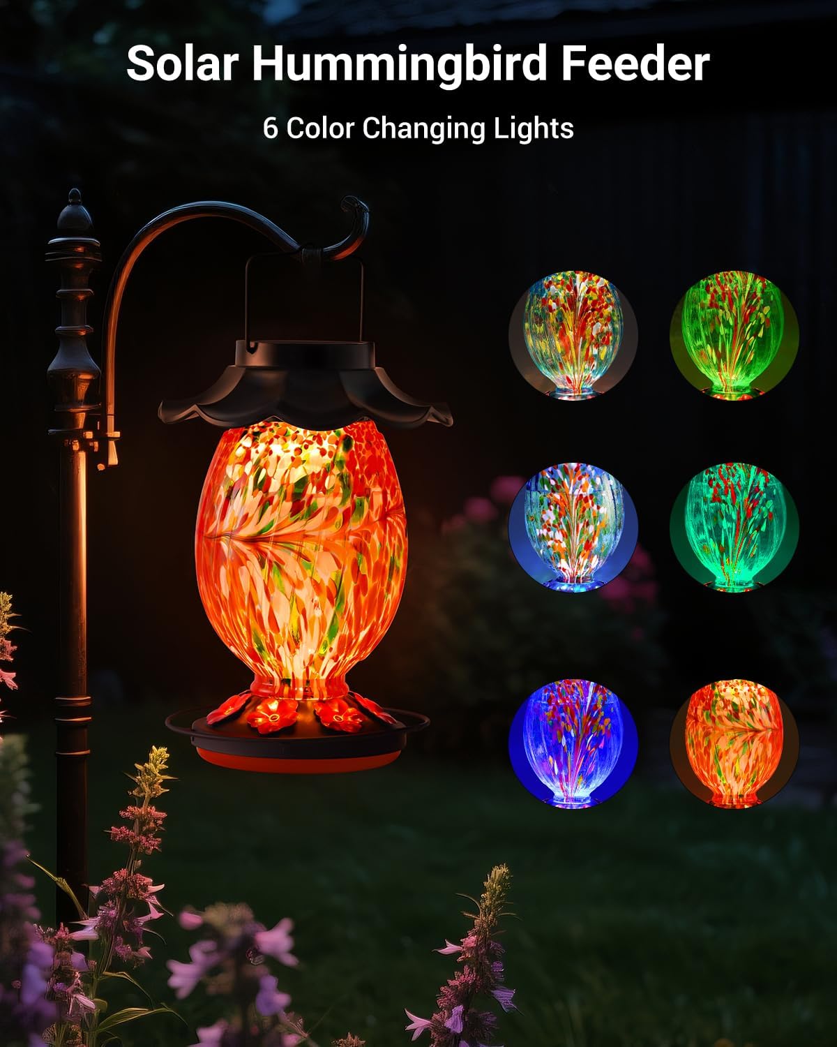Solar Hummingbird Feeder - 49 fl.oz Hand Blown Glass Color Changing - 7 Feeding Ports with Perch - Never Leak - Perfect Hummingbird Feeder - Image 2