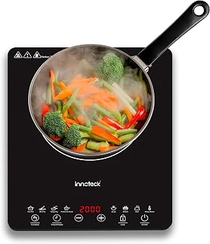 Innoteck Kitchen Pro Single Induction Hob   2000W, Ultra-thin Design, Black Frosted Glass Panel, Multiple Power & Temperature Settings 60 C to 240 C, Touch Sensor, 3-Hour Timer, Child Safety Lock