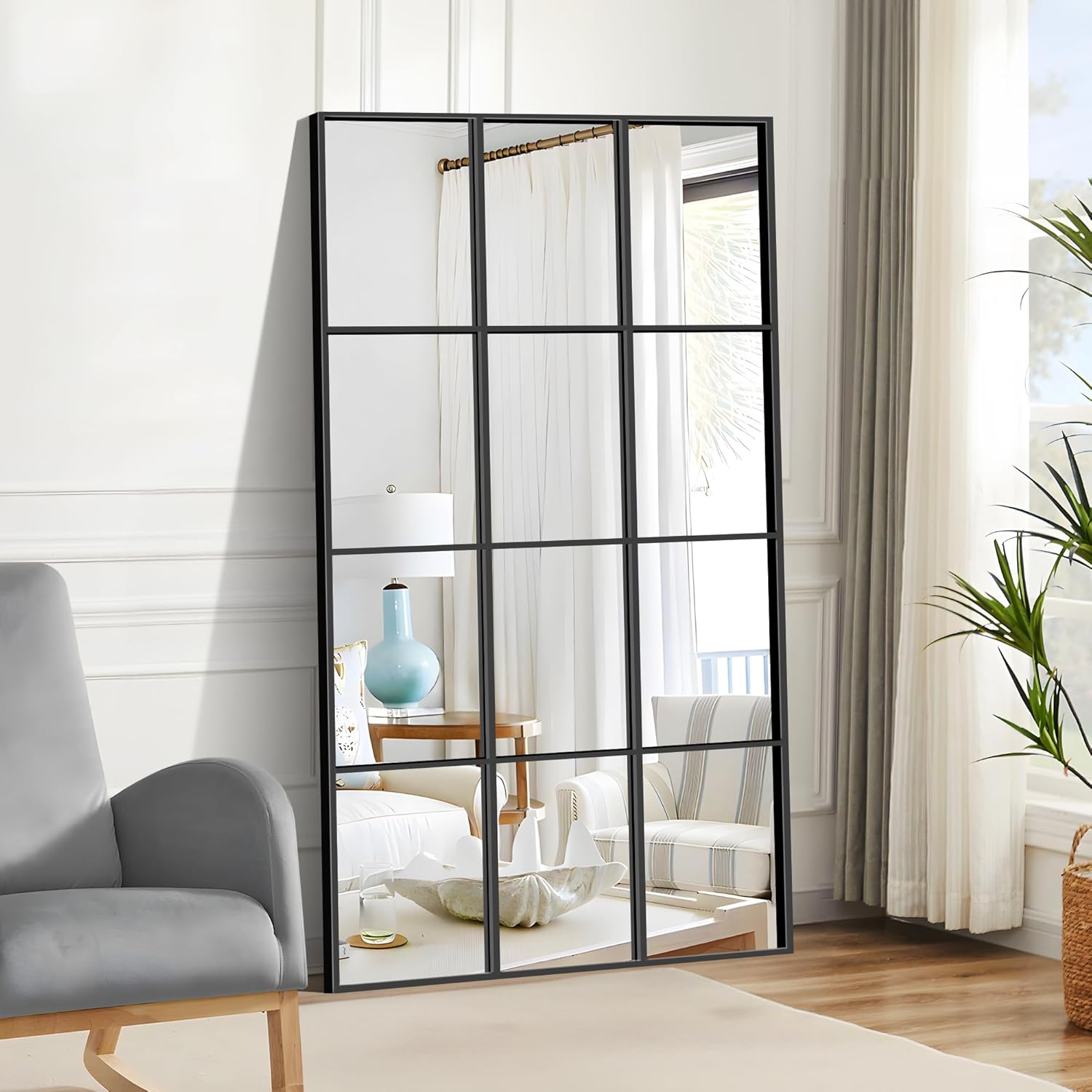 Rectangle Window Mirror Wall Mounted, 30"×55" Window Pane Mirror Wall Decor Metal Framed, Large Black Mirror for Bedroom Living Room Fireplace Entryway Hanging or Leaning Against Wall