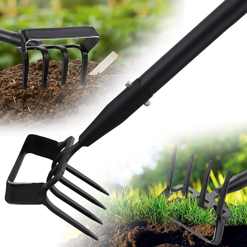 Azada de jardín con rastrillo, azada de estribo 2 en 1 con cultivador de 4 púas, azada resistente de mango largo de 82 pulgadas para deshierbe rápido, aflojamiento del suelo, macizos de flores, hileras de vegetales, lechos elevados