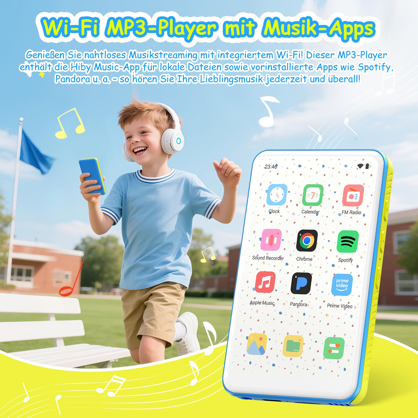 Lecteur MP3 128Go Bluetooth WiFi pour Enfant, Lecteur MP4 Android 13 écran Tactile 4 Pouces Batterie 2000mAh, Compatible Spotify, Pandora, Deezer, Audible, Play Store