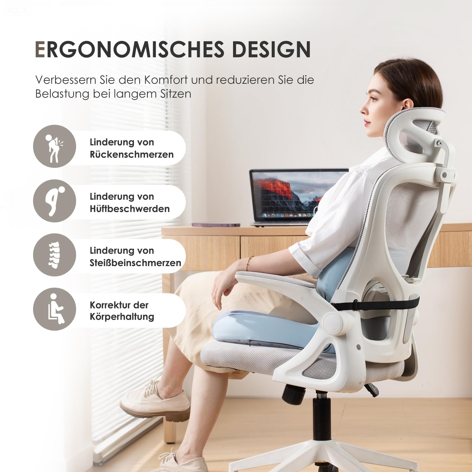 FLORICH Coussin d'assise et Coussin Lombaire en Mousse à Mémoire de Forme pour Siège de Bureau Coussin d'assise Ergonomique pour Voiture pour Siège de Voiture, Chaise de Bureau, Fauteuil Roulant, Bleu