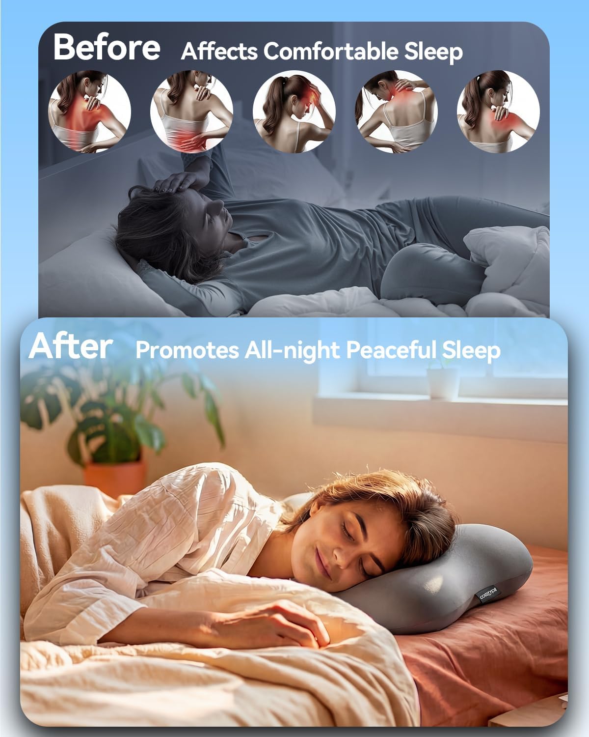 Cervical Pillow for Neck Pain Relief, Ergonomic Contour Memory Foam Pillow for Side Back Stomach Sleepers, Deep Sleep Pillow for Cloud-Soft Shoulder Support with Cooling Pillowcase, Grey