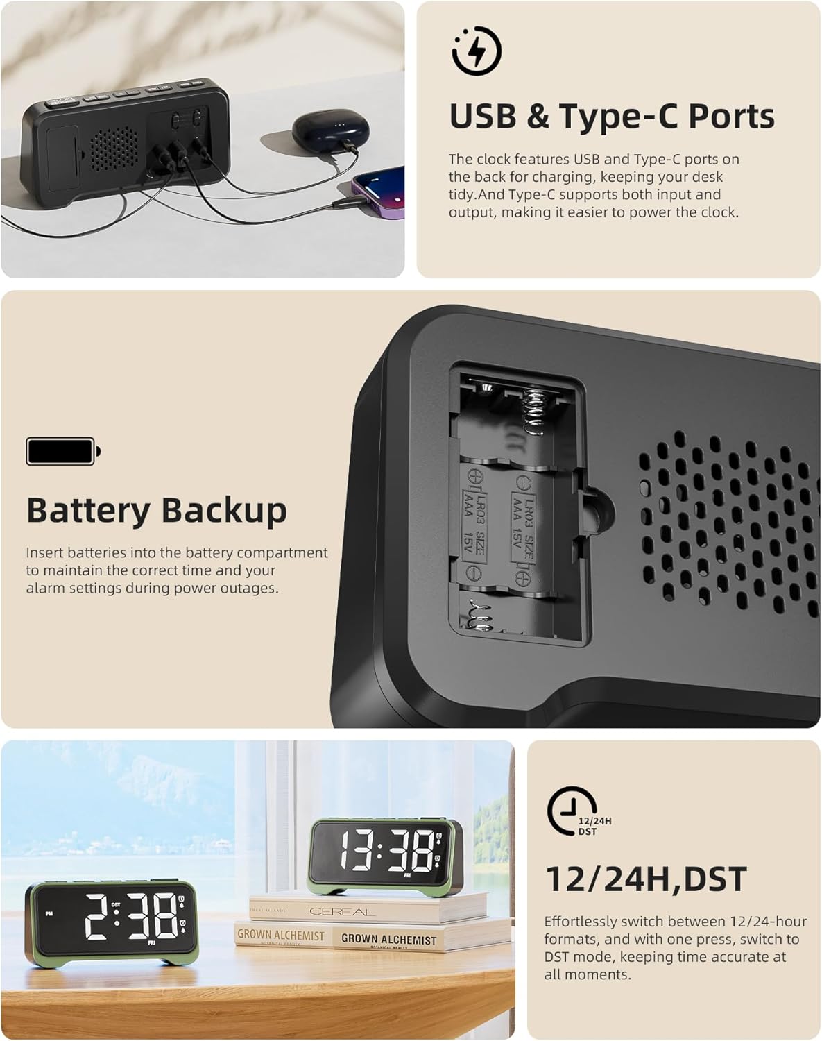 ROCAM Digital Alarm Clock with USB ports and battery compartment
