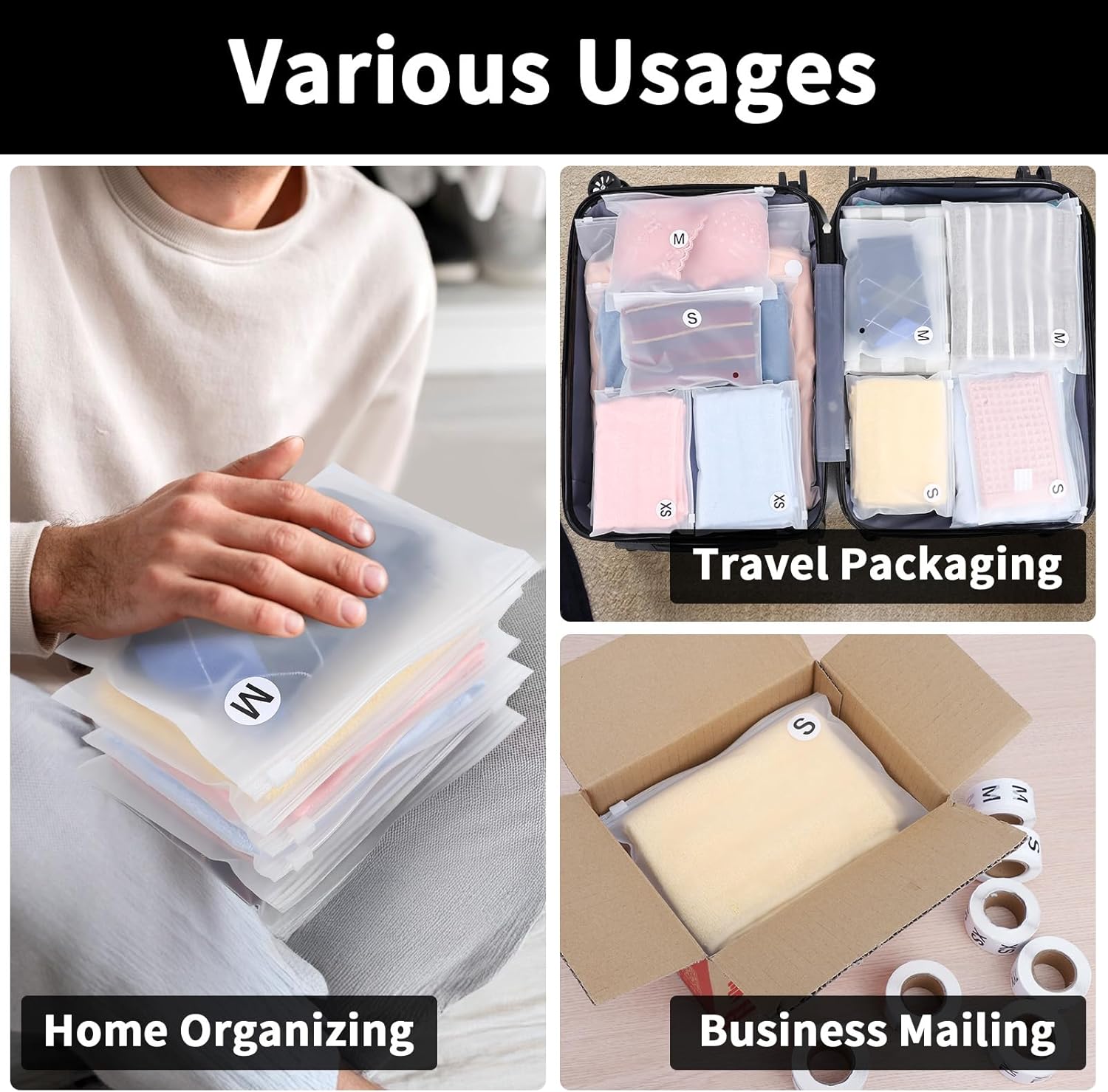 Frosted Zipper Bags with Size Stickers for Clothing, 100pcs 7.87x5.51 inch Plastic Packaging Bags for Underpants, Ties, Sock Storage, 3500pcs Clothing Size Stickers 1 inch XS S M L XL XXL XXXL