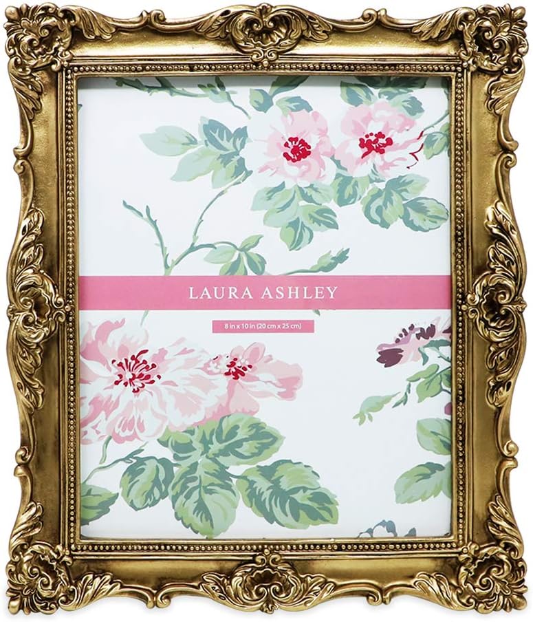 Laura Ashley 8x10 Gold Ornate Textured Hand-Crafted Resin Picture Frame with Easel & Hook for Tabletop & Wall Display, Decorative Floral Design Home Decor, Photo Gallery, Art, More (8x10, Gold) -