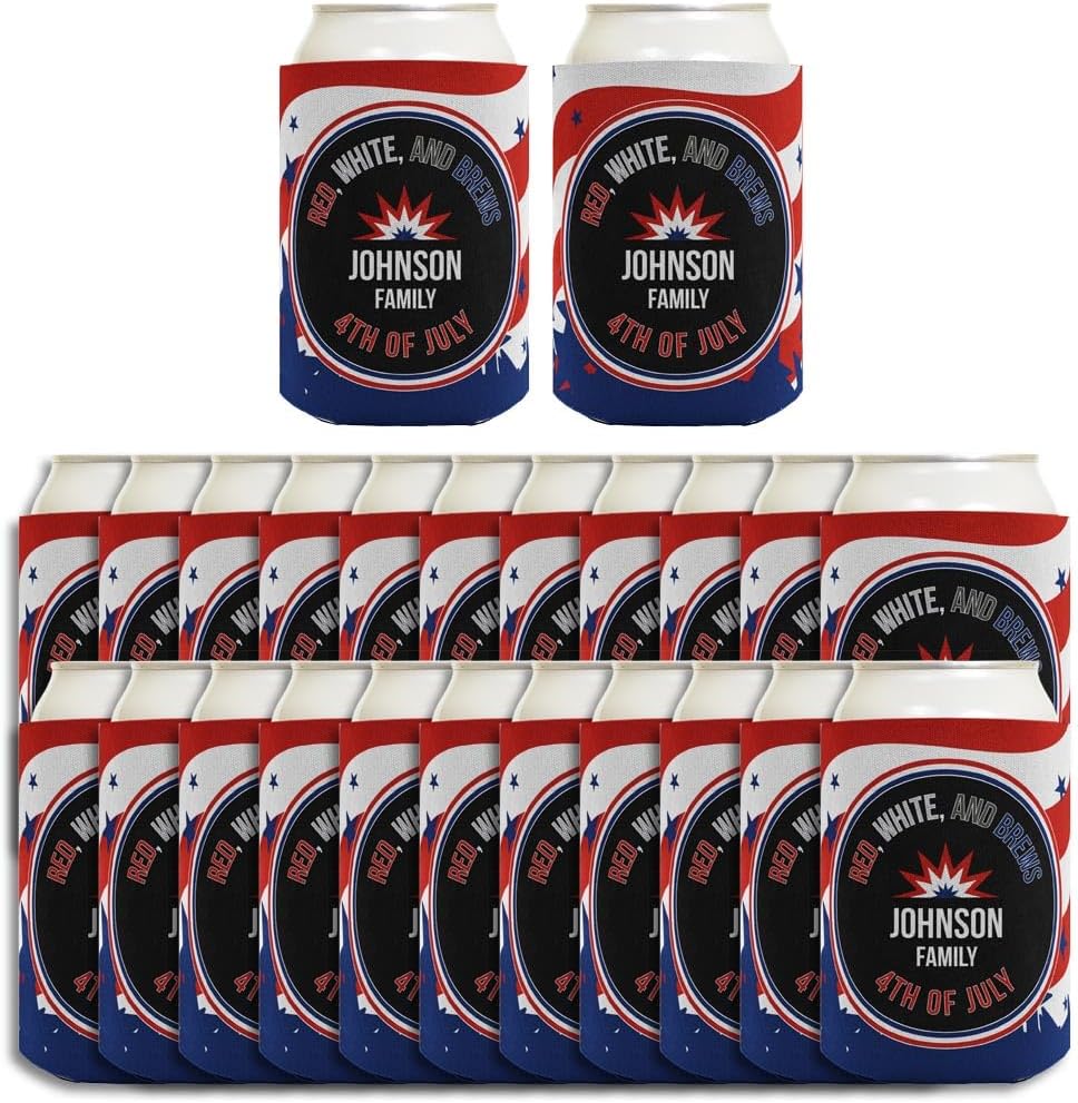 Personalized Patriotic Can Coolies 4th of July Your Names & Date Patriotic Party Supplies 24-Pack Personalized Can Drink Thermocoolers Party Pack
