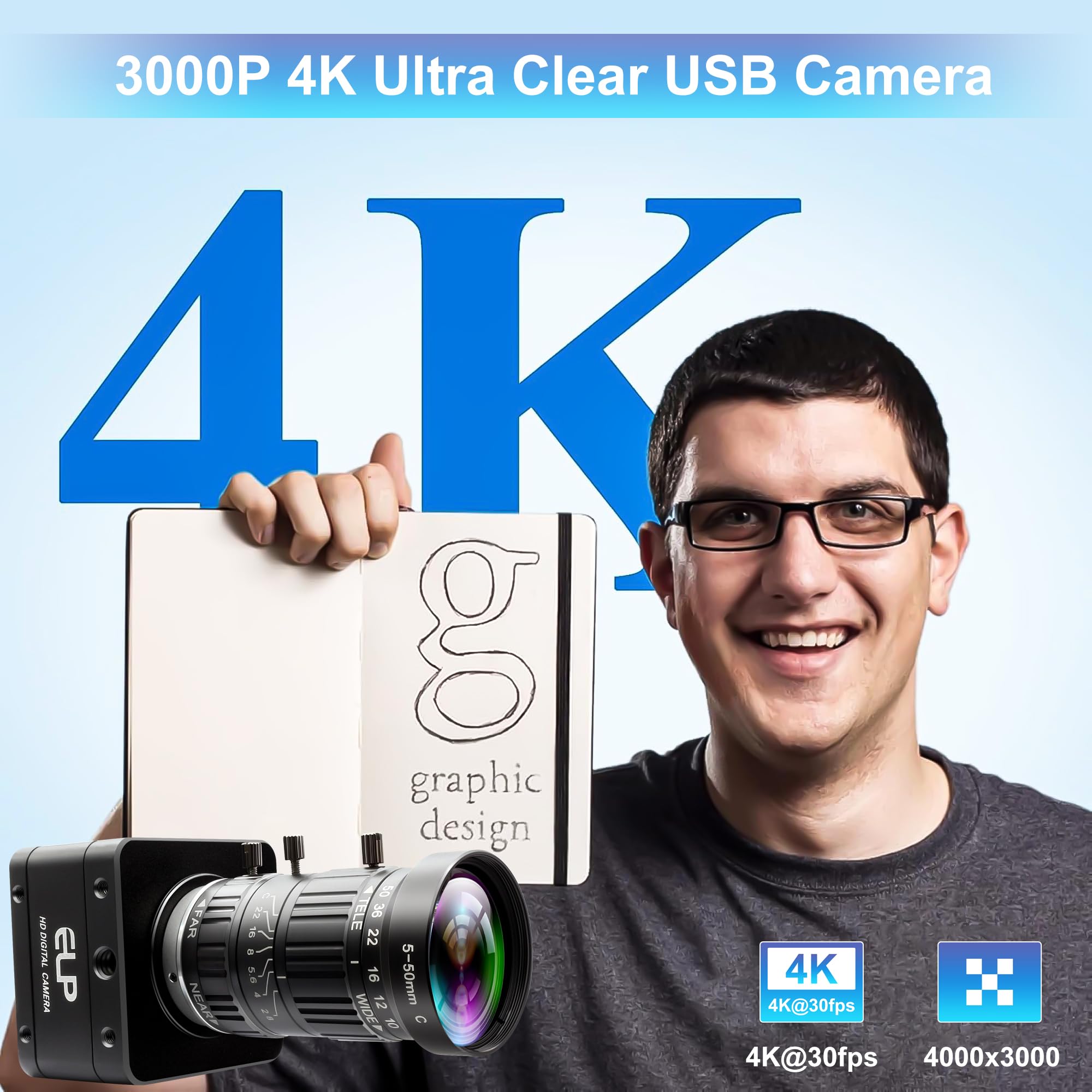 ELP Fotocamera da 12 MP USB 3.0, 4K a 30 fps, 1080p a 230 fps, alta frequenza fotogrammi UVC con obiettivo zoom 10X da 5-50 mm, Plug & Play per applicazioni industriali, sorveglianza e stampa 3D