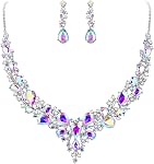 BriLove Women's Wedding Bridal Austrian Crystal Teardrop Cluster Statement Necklace Dangle Earrings Set
