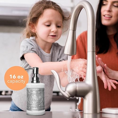 Miniatura 4 de Autumn Alley Dispensador de jabón de vidrio y galvanizado para lavado de manos, desinfectante, loción – 16 oz. Dispensador de jabón rústico con