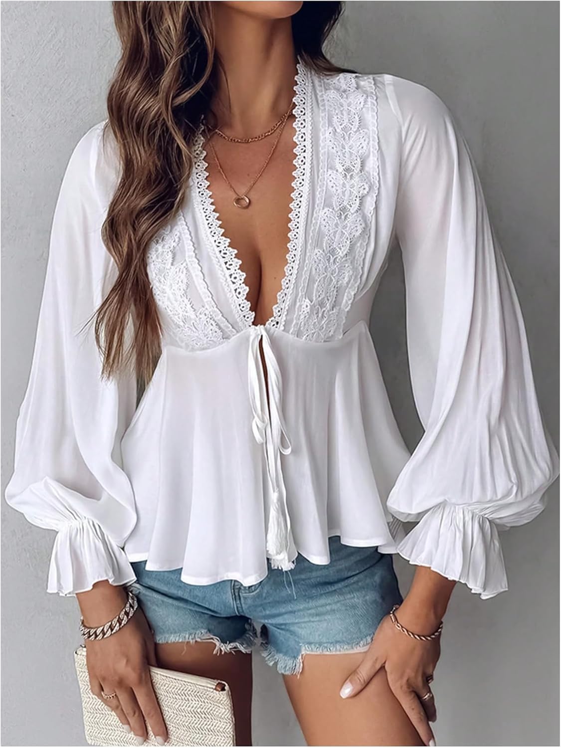 SweatyRocks Women's Lace Long Sleeve Peplum Top Tie Front Blouses V Neck Lantern Shirts - Image 3