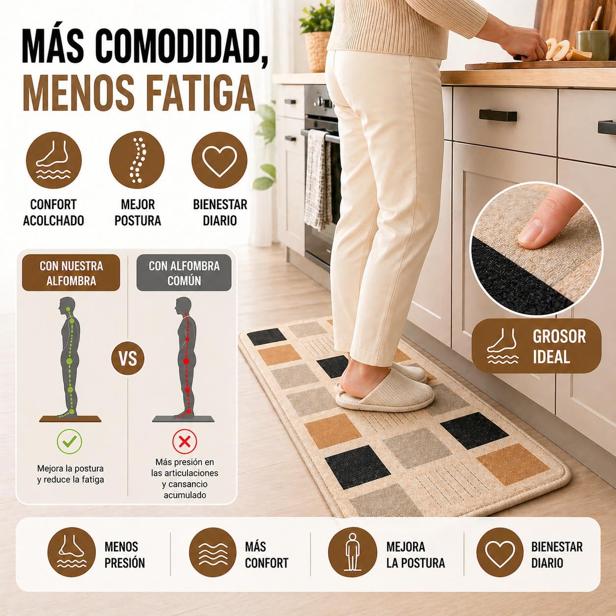 Tapis de cuisine lavable antidérapant - Lot de 2 tapis de cuisine et 2 chiffons en microfibre - Design effet lin - Résistant aux liquides (150 x 45 et 50 x 45 cm)