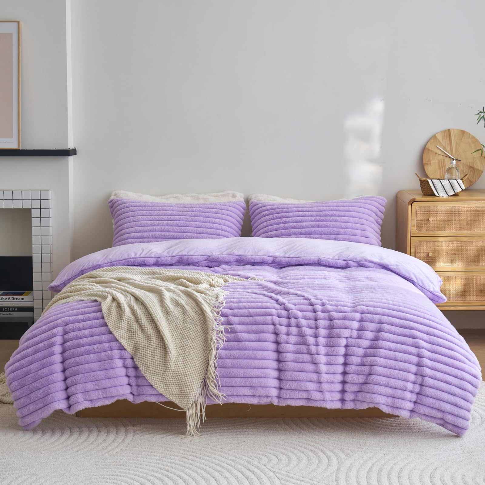 Besfunny Boys Lavender Fluffy Comforter Cover Queen Size ，Plush Bedding 3Pcs Set（1 Fuzzy Duvet Cover+2 Fur Pillow Cases ） Faux Fur Luxury Bed Set (, Queen)