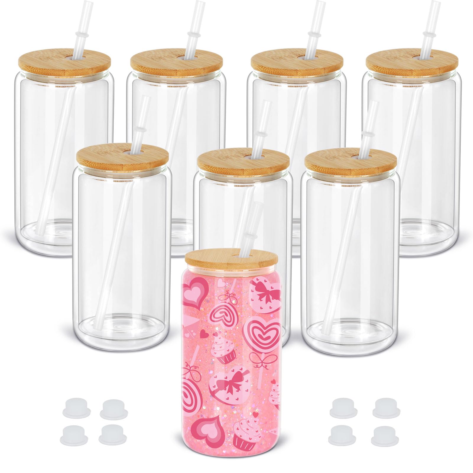 Schneekugel-Becher, 473 ml, 8 Stück, vorgebohrt, Sublimationsglasbecher für Glitzer-Schneekugel, DIY, doppelwandiges Sublimationsglas