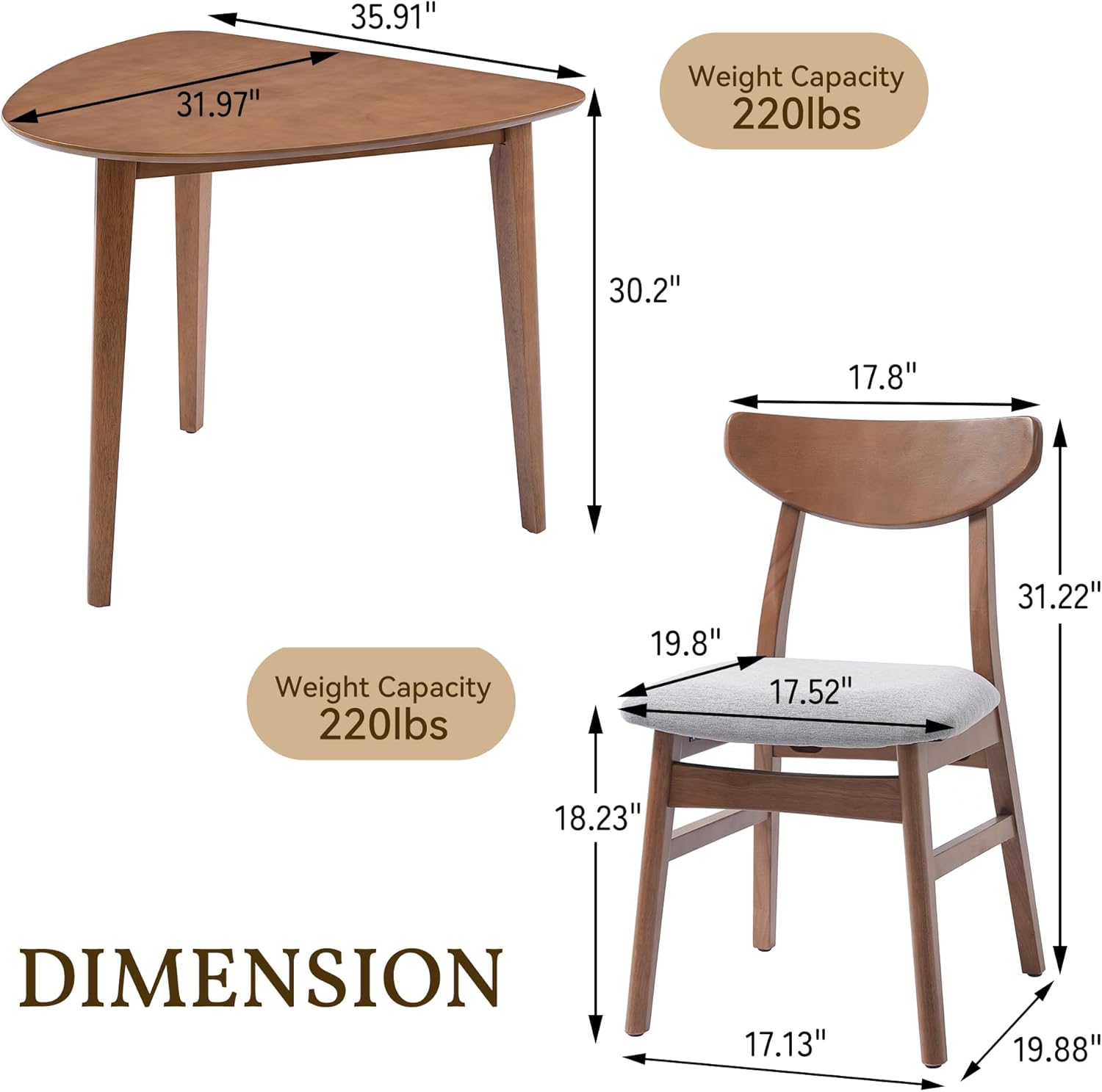 3-Piece Modern Table Set - Triangular Side Table & 2 Curved Wood Chairs, Minimalist Space-Saving Light Brown Finishes for Living Room, Kitchen, Small Space, Easy to Assemble, Light Brown