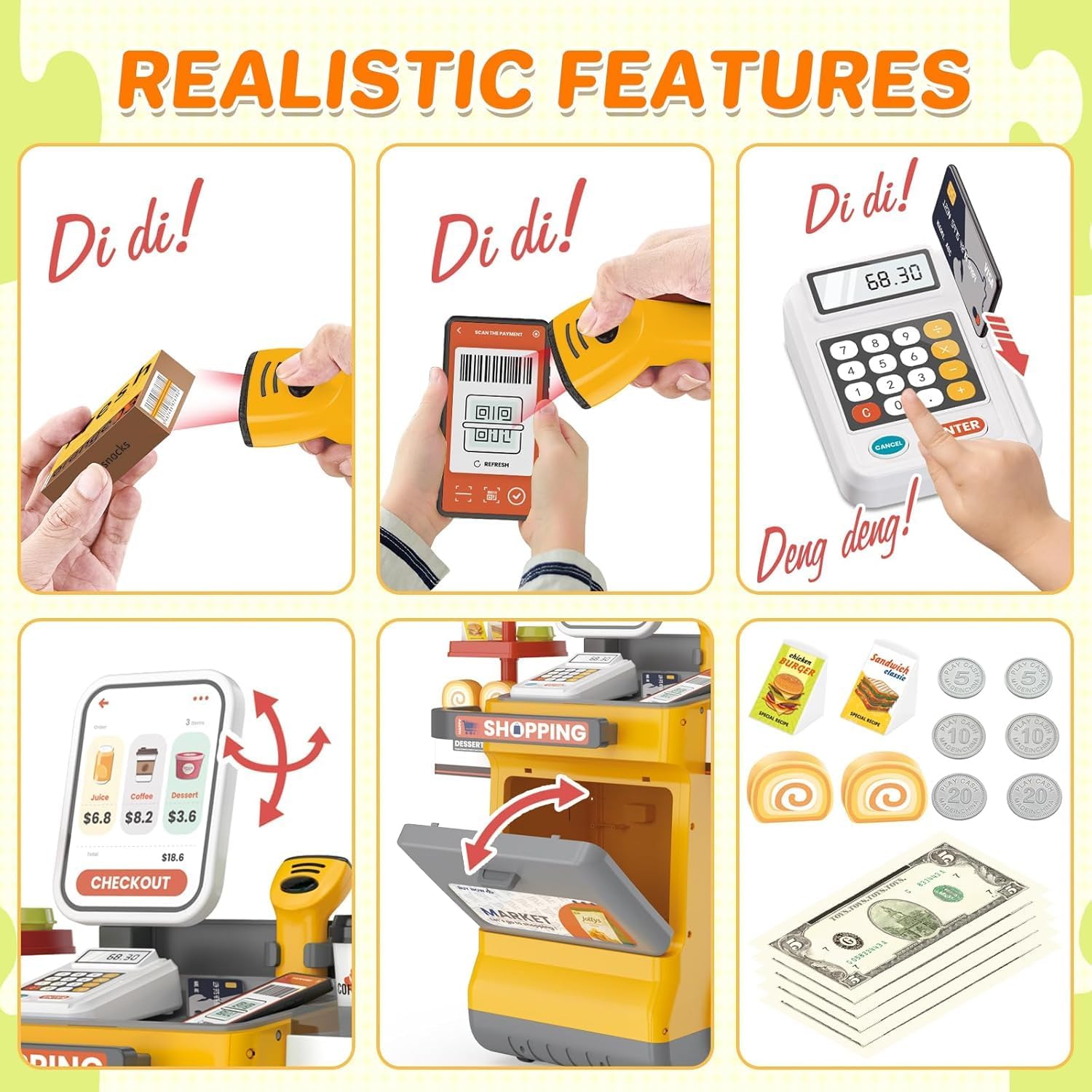 48PCS Cash Register Playset for Kids- Pretend Supermarket Toy with Scanner, Lights & Sounds, Grocery Shopping Game, Play Money & Food Accessories (Yellow) 4